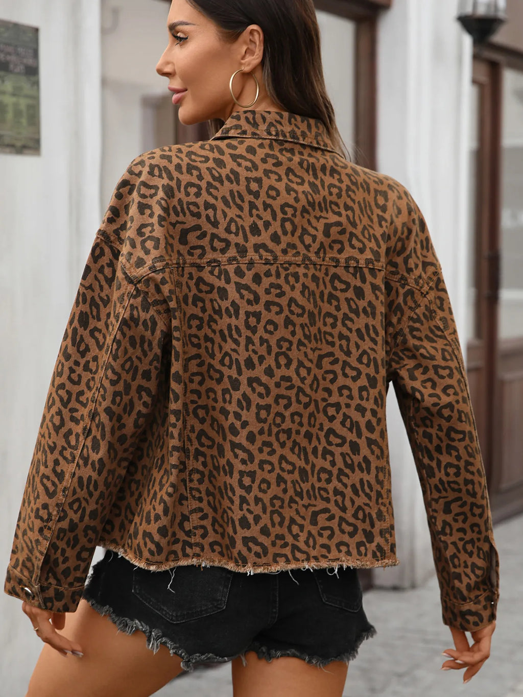 Leopard Print Raw Hem Denim Jacket.