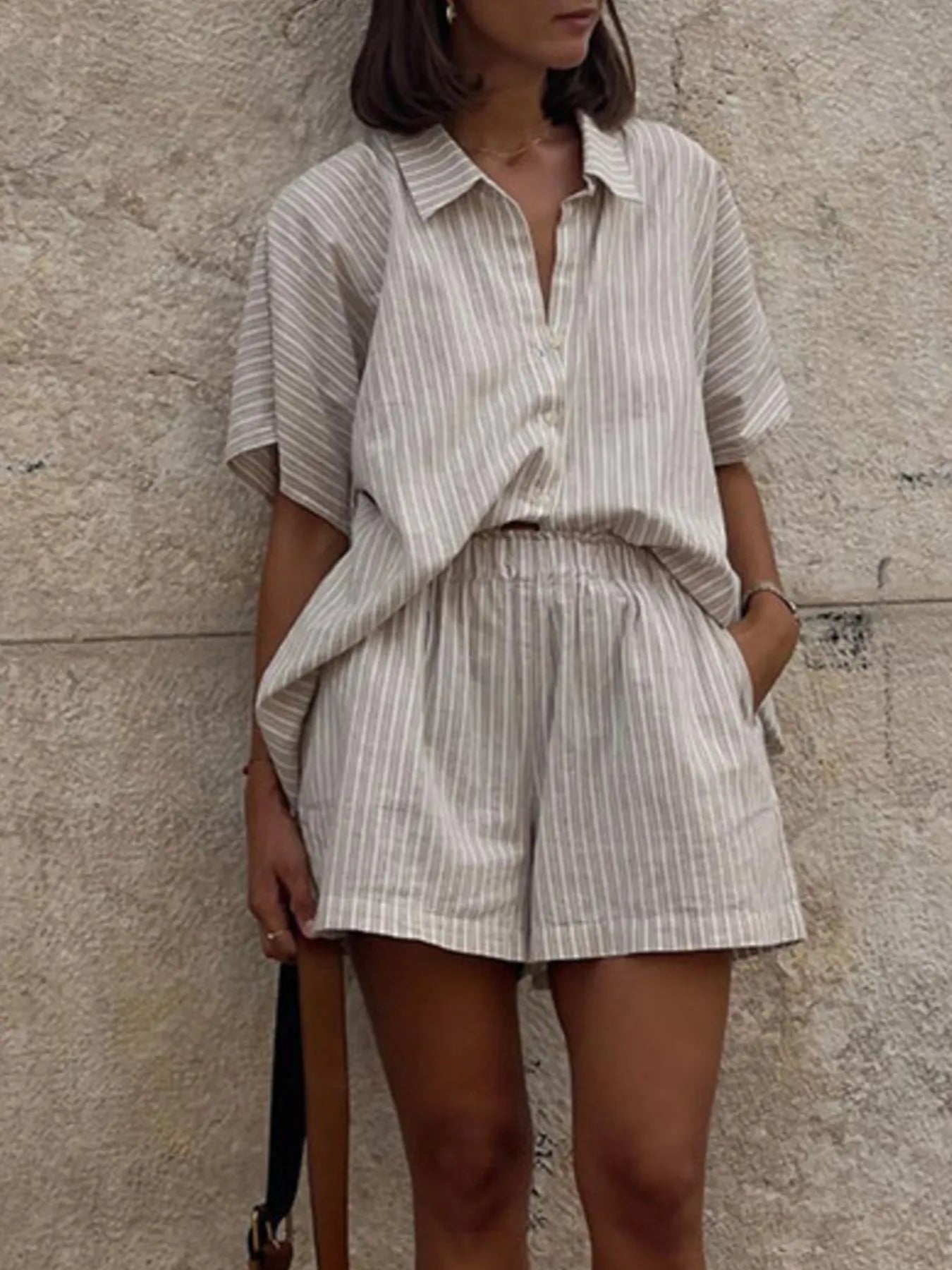 Casual Striped Short Sleeve Top and Shorts Two-Piece Set.