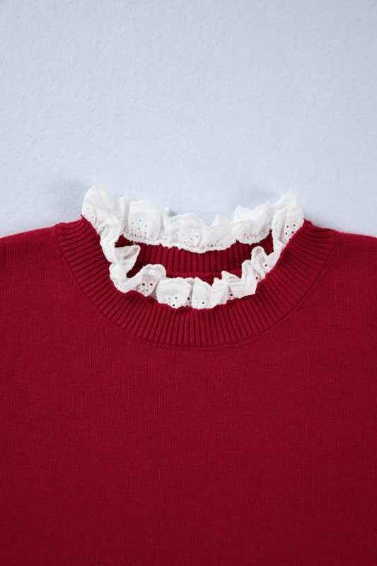Lace Trim Patchwork Buttoned Cuff Sweater