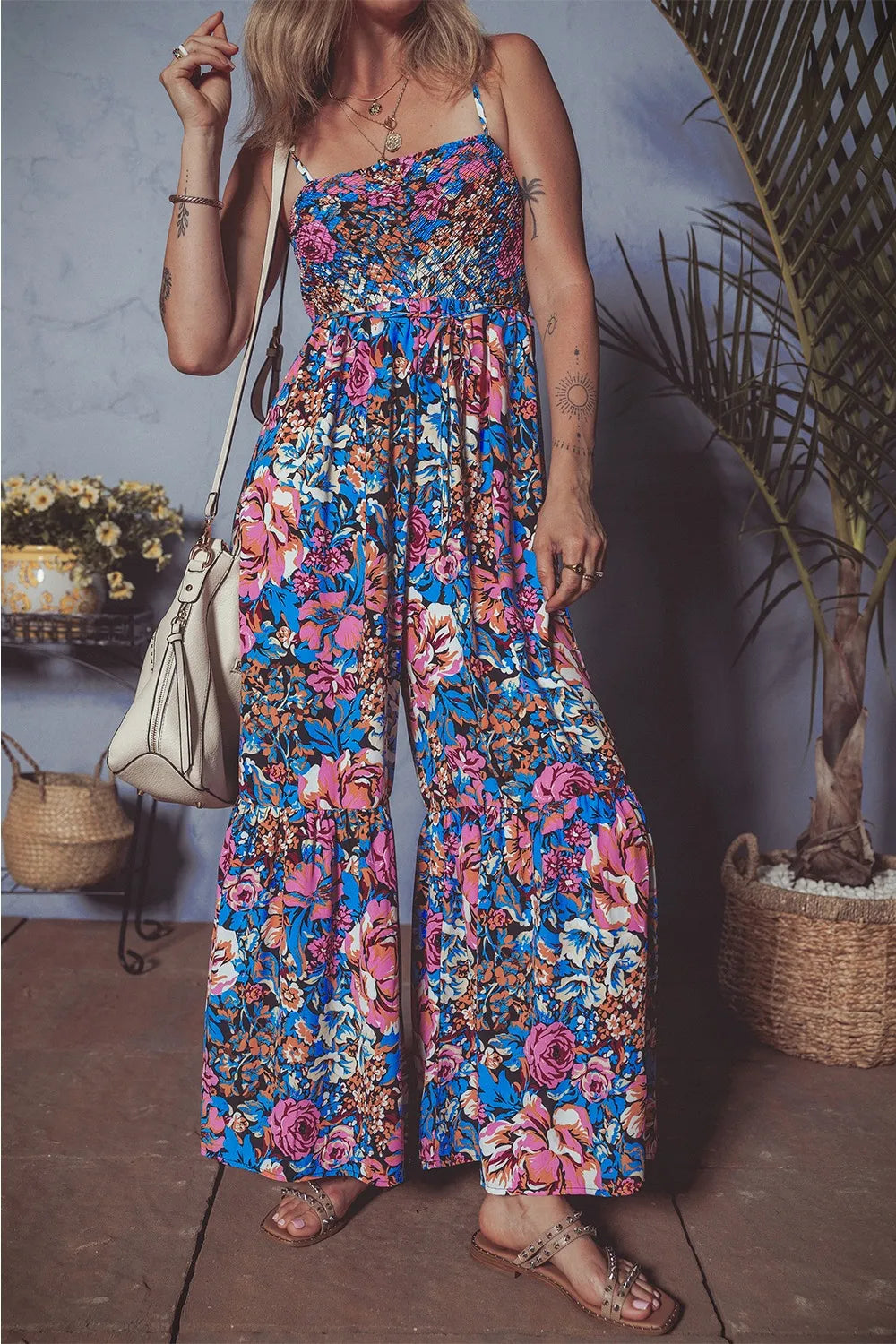 Floral Smocked Spaghetti Straps Wide Leg Jumpsuit - CHIC TB