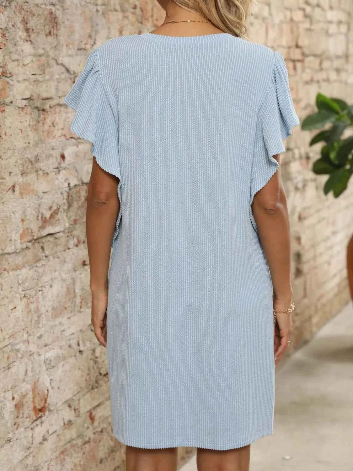 Ruffled V-Neck Cap Sleeve Mini Dress.