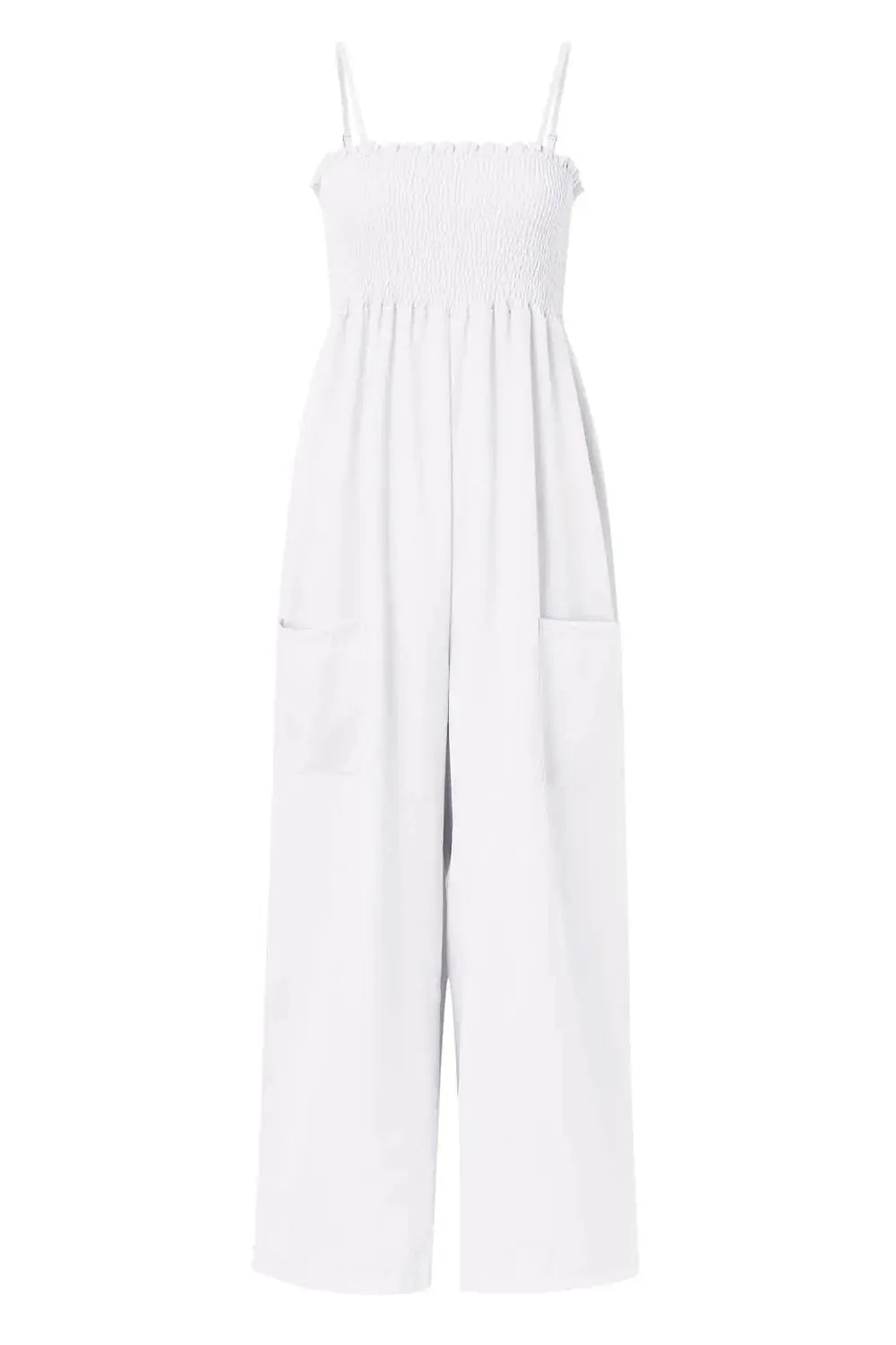 Smocked Spaghetti Strap Wide Leg Jumpsuit.