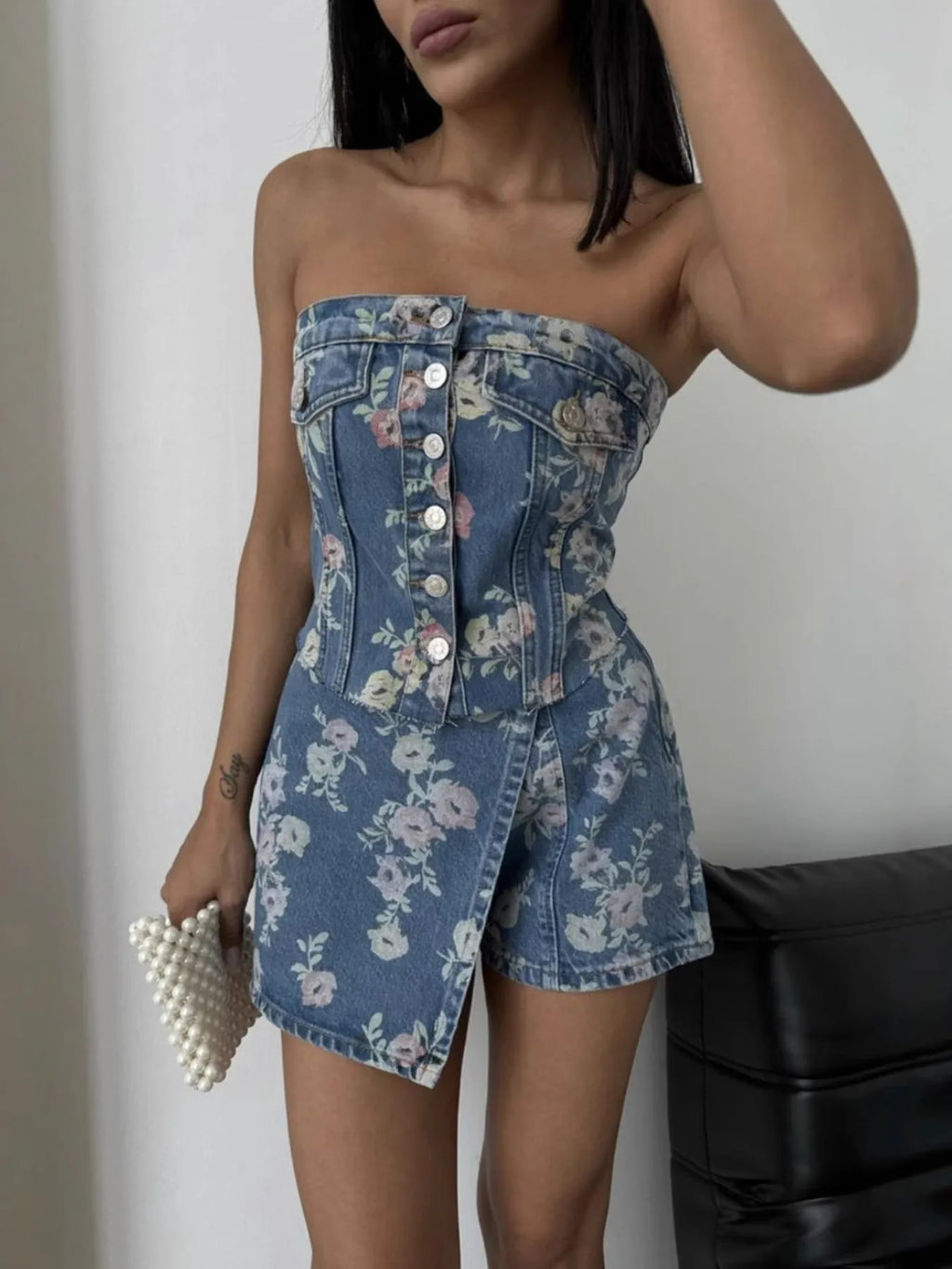 Floral Print Strapless Top and Skort Denim Set.