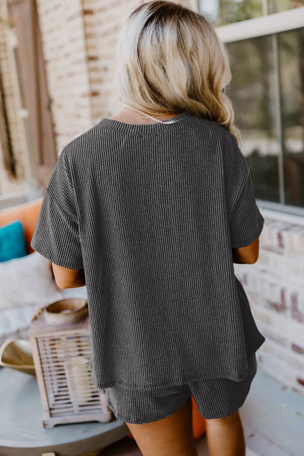 Carbon Grey Ribbed Textured Knit Loose Fit Tee and Shorts Set Dear-Lover Dropshipping