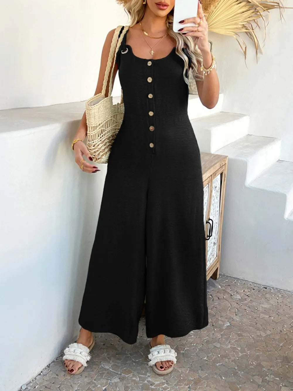 Devine Button Front Knotted Strap Wide Leg Jumpsuit.