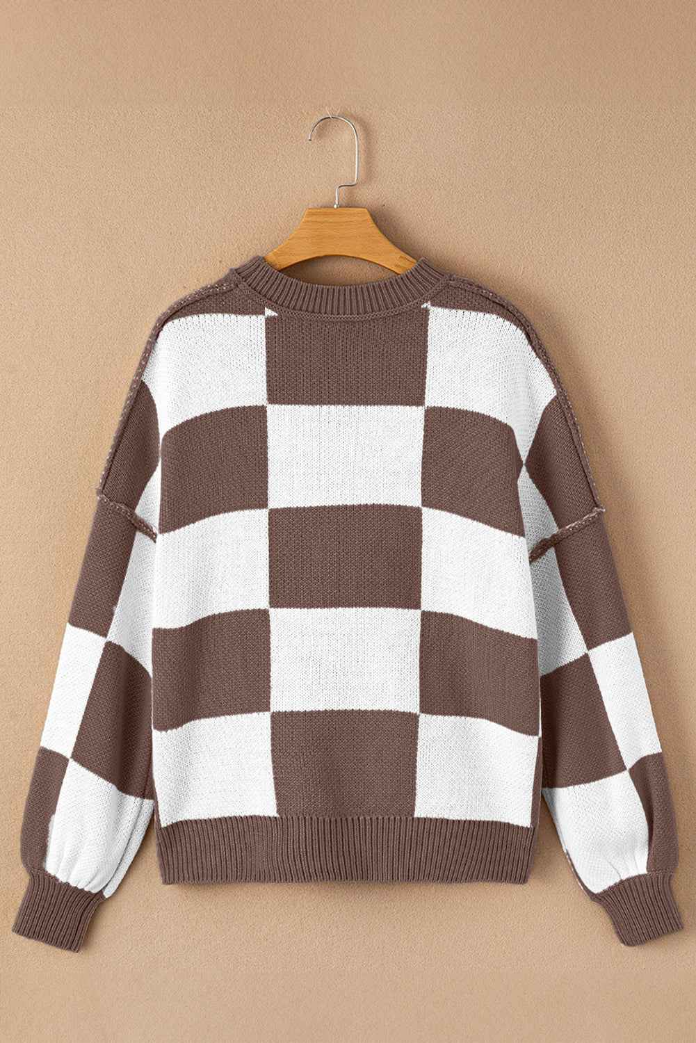 Dark Brown Checkered Bishop Sleeve Sweater