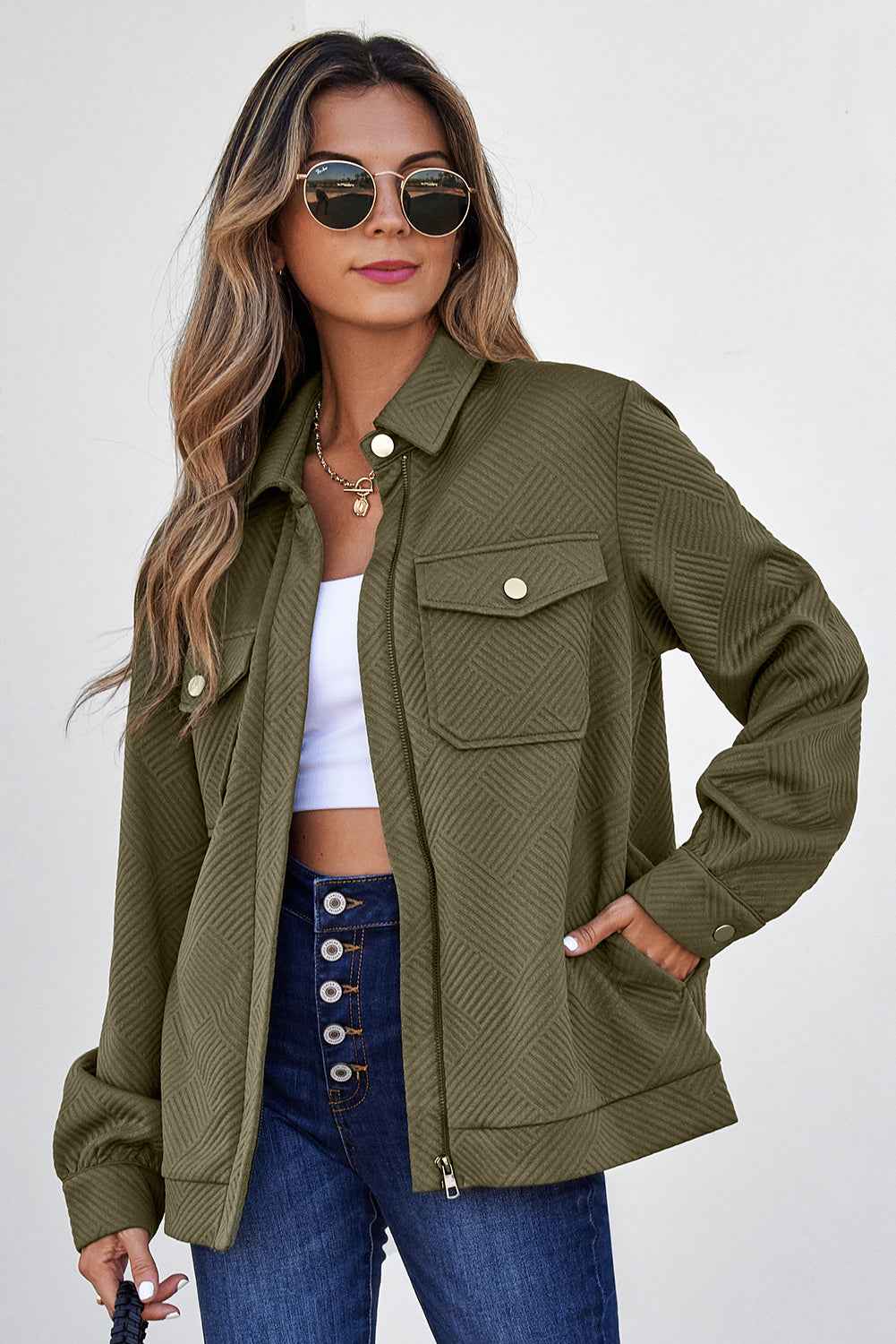 Blackish Green Solid Color Zip Up Button Flap Pocket Shirt Collar Jackets