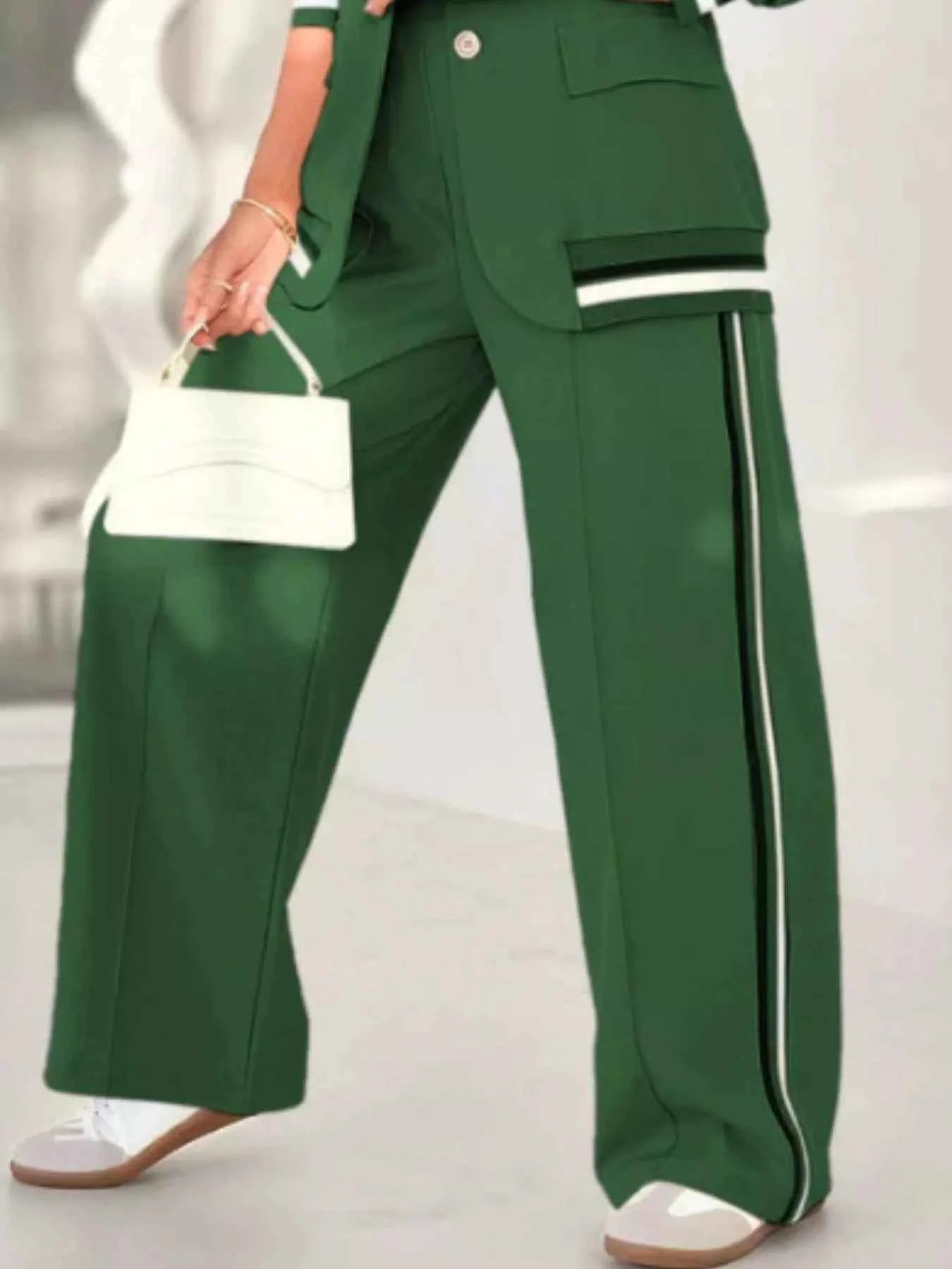 Full Size Striped Trim Button Down Jacket and Pants Set Plus Size