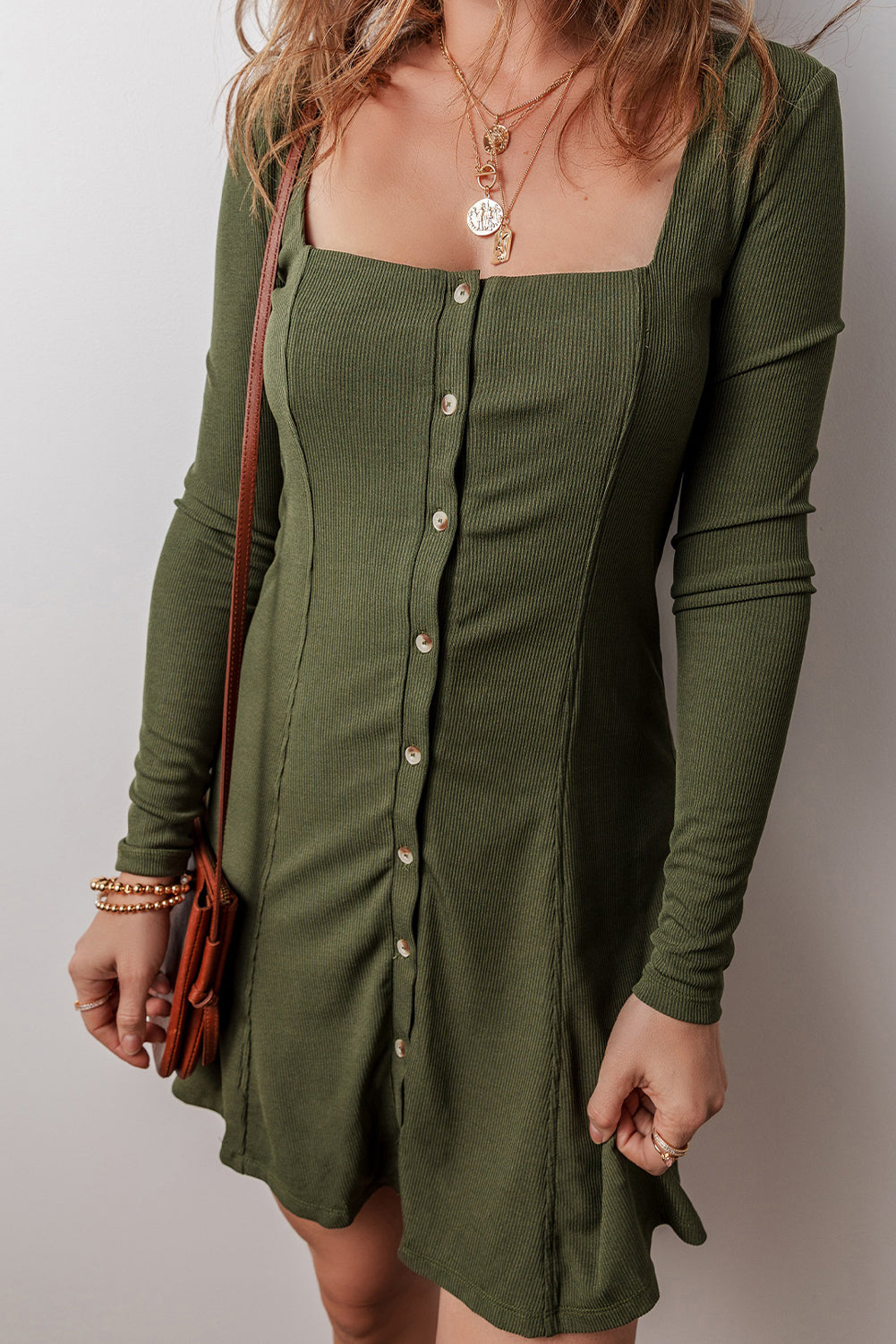 Guacamole Green Rib Knit Square Neck Buttoned Long Sleeve Mini Dress Dear-Lover Dropshipping