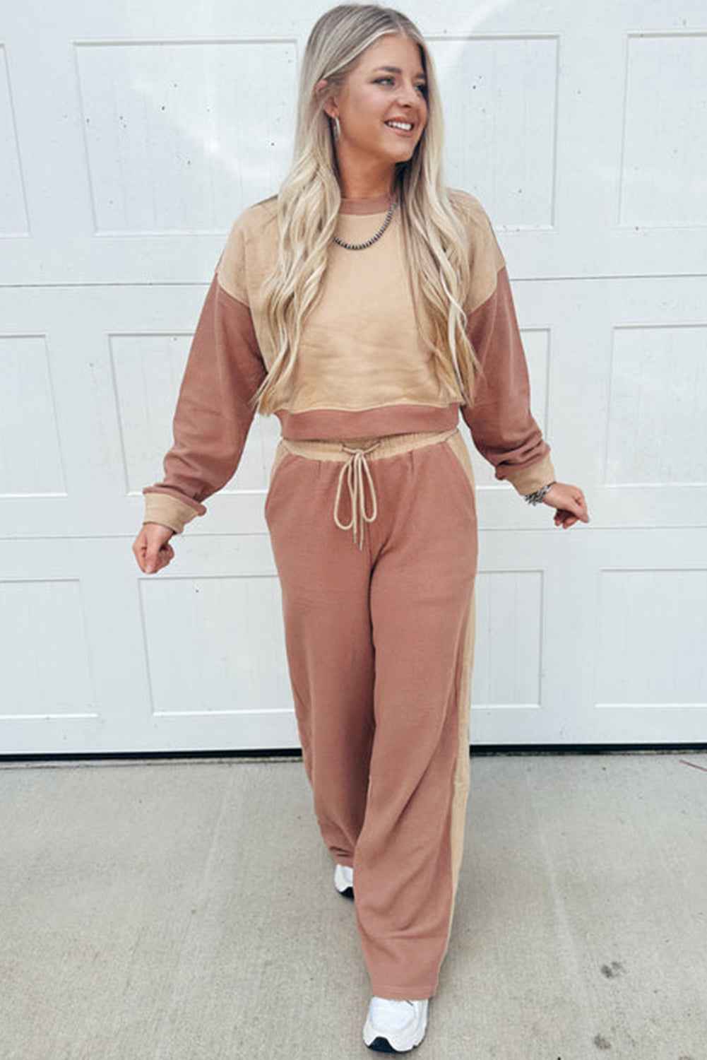 Khaki Color Block Long Sleeve Crop Top Drawstring Pant Set