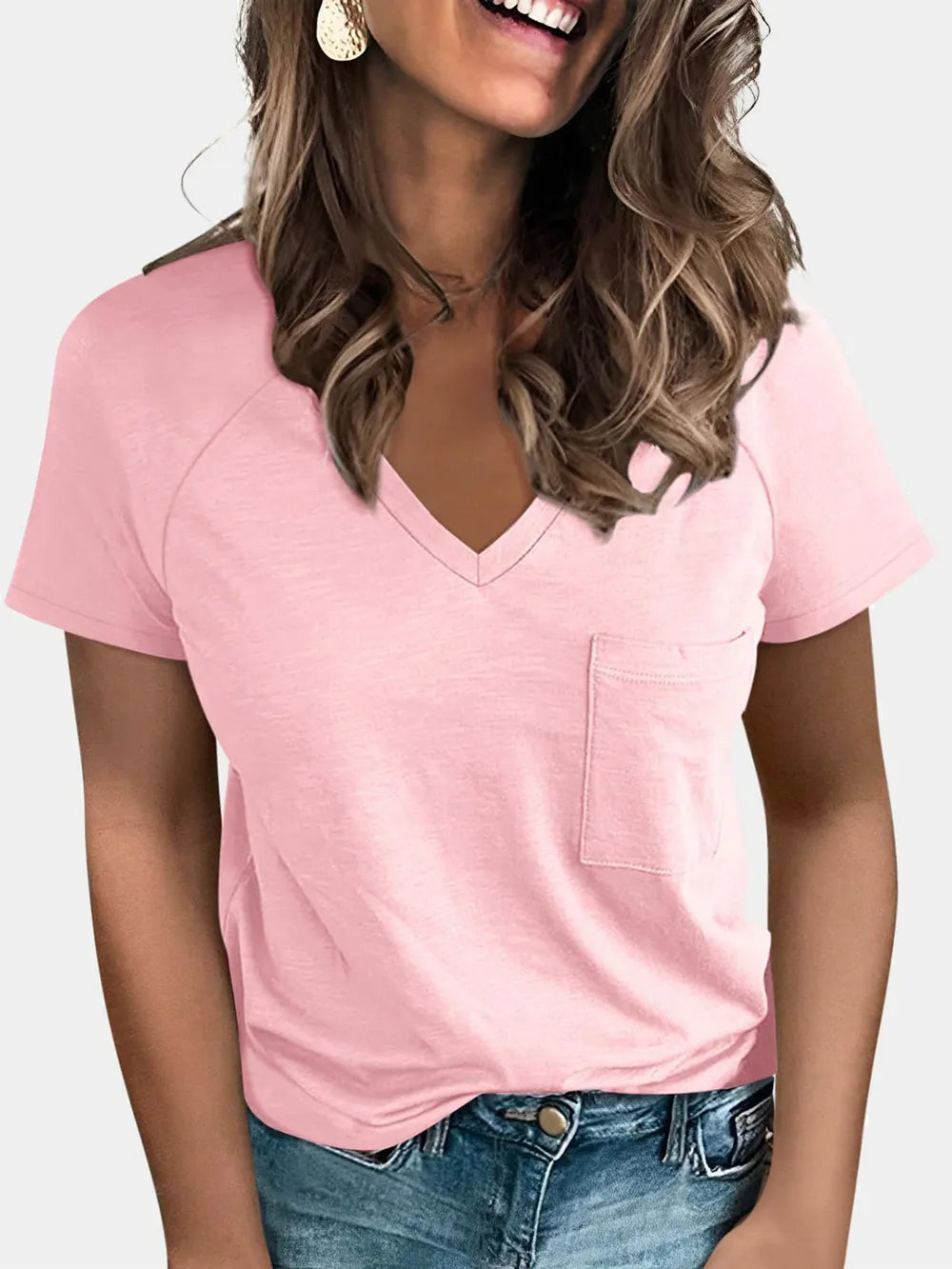 Pocketed V-Neck Short Sleeve T-Shirt.