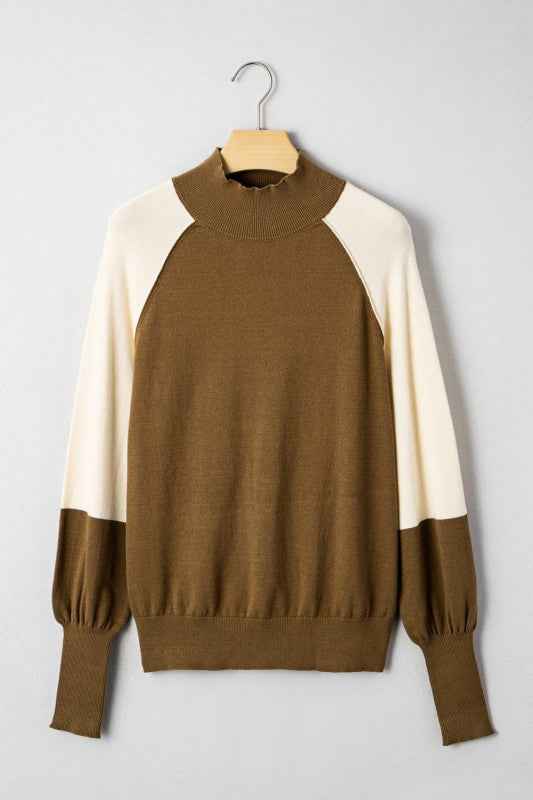 Colorblock Raglan Puff Sleeve Mock Neck Sweater