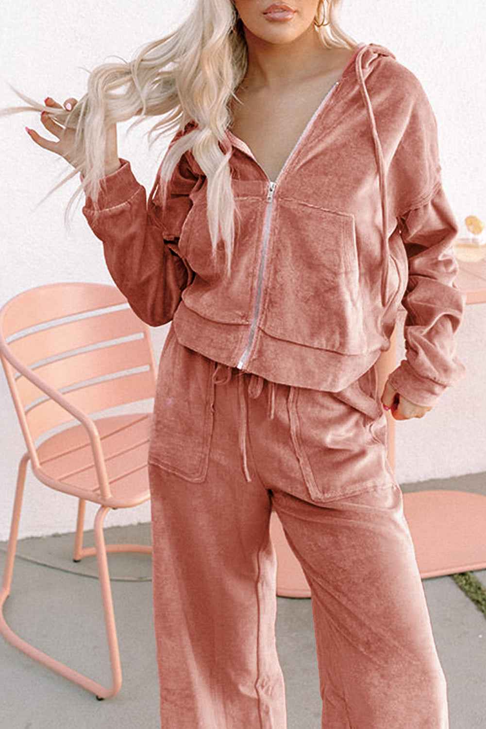 Peach Blossom Velvet Zip-up Hoodie and Wide Leg Pants Set