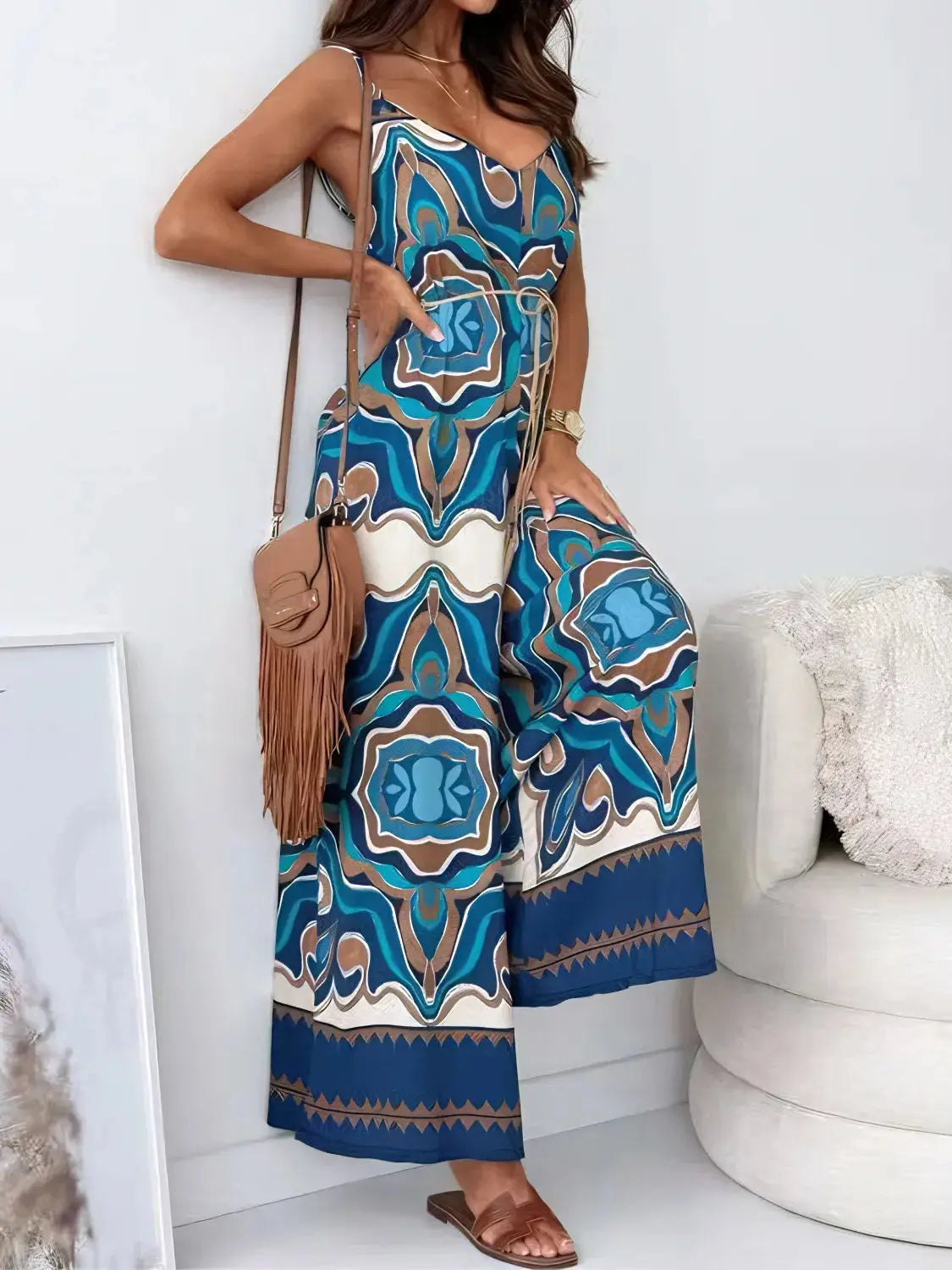 Printed V-Neck Wide Leg Jumpsuit.