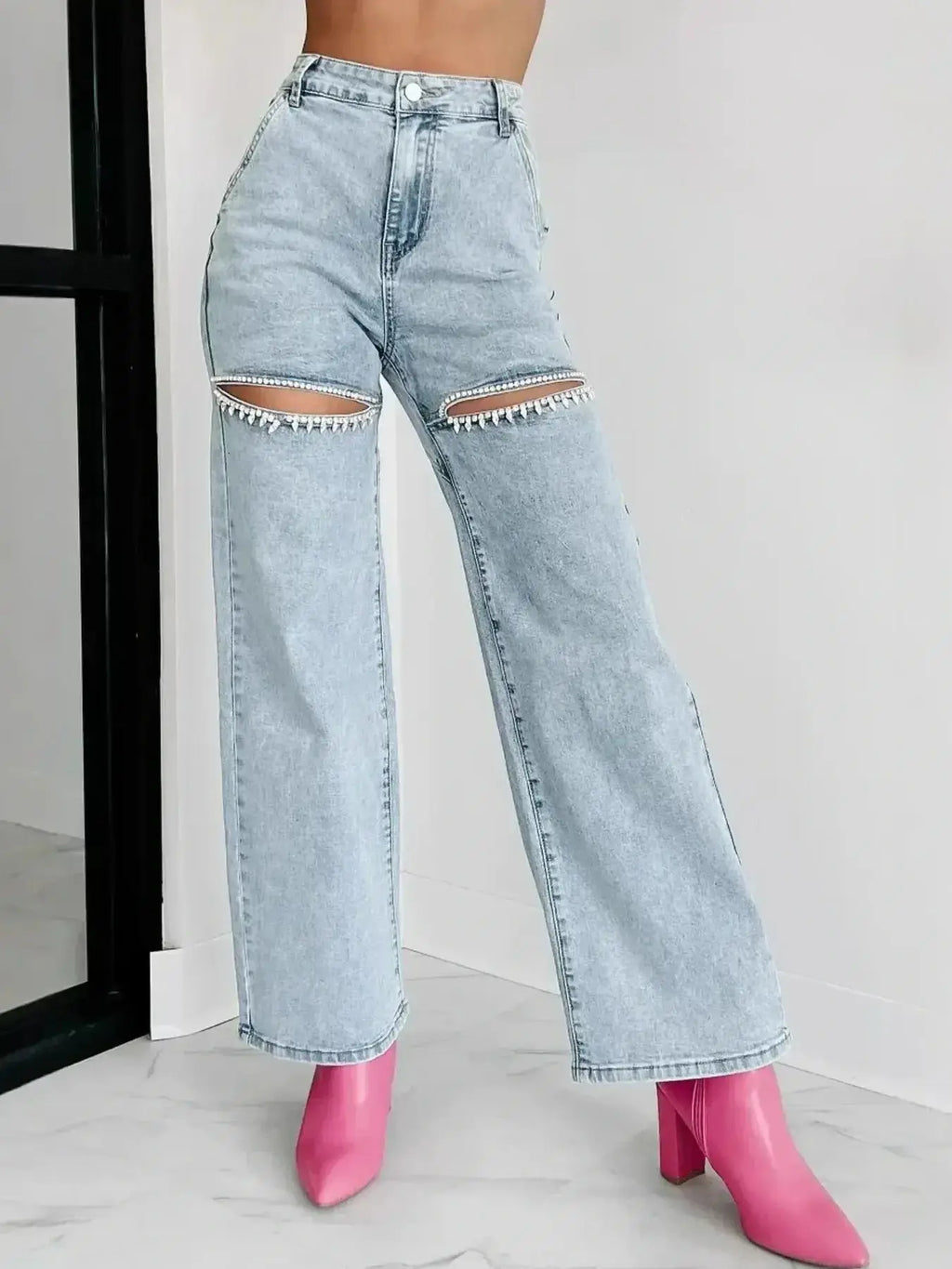 High Waist Cut-Out Wide Leg Jeans.