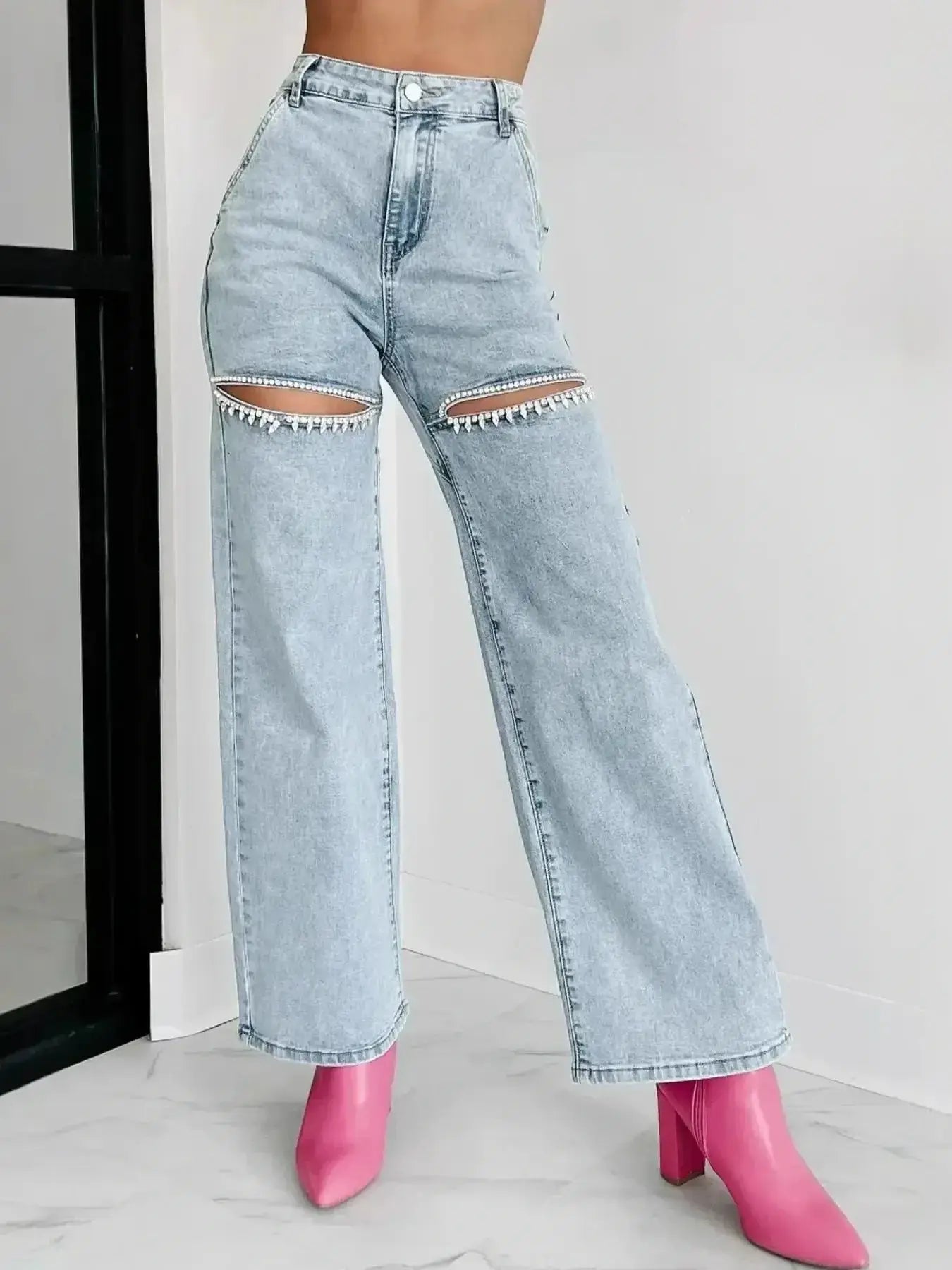 High Waist Cut-Out Wide Leg Jeans.