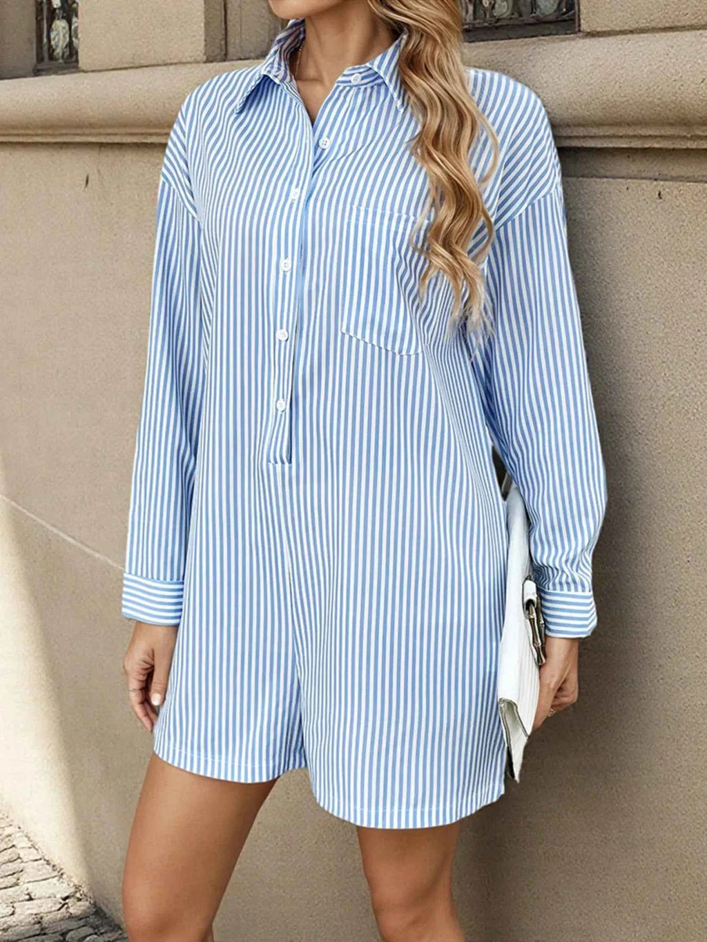 Striped Button Front Long Sleeve Romper