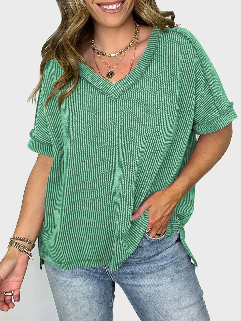 Lovelet Texture V-Neck Half Sleeve T-Shirt.