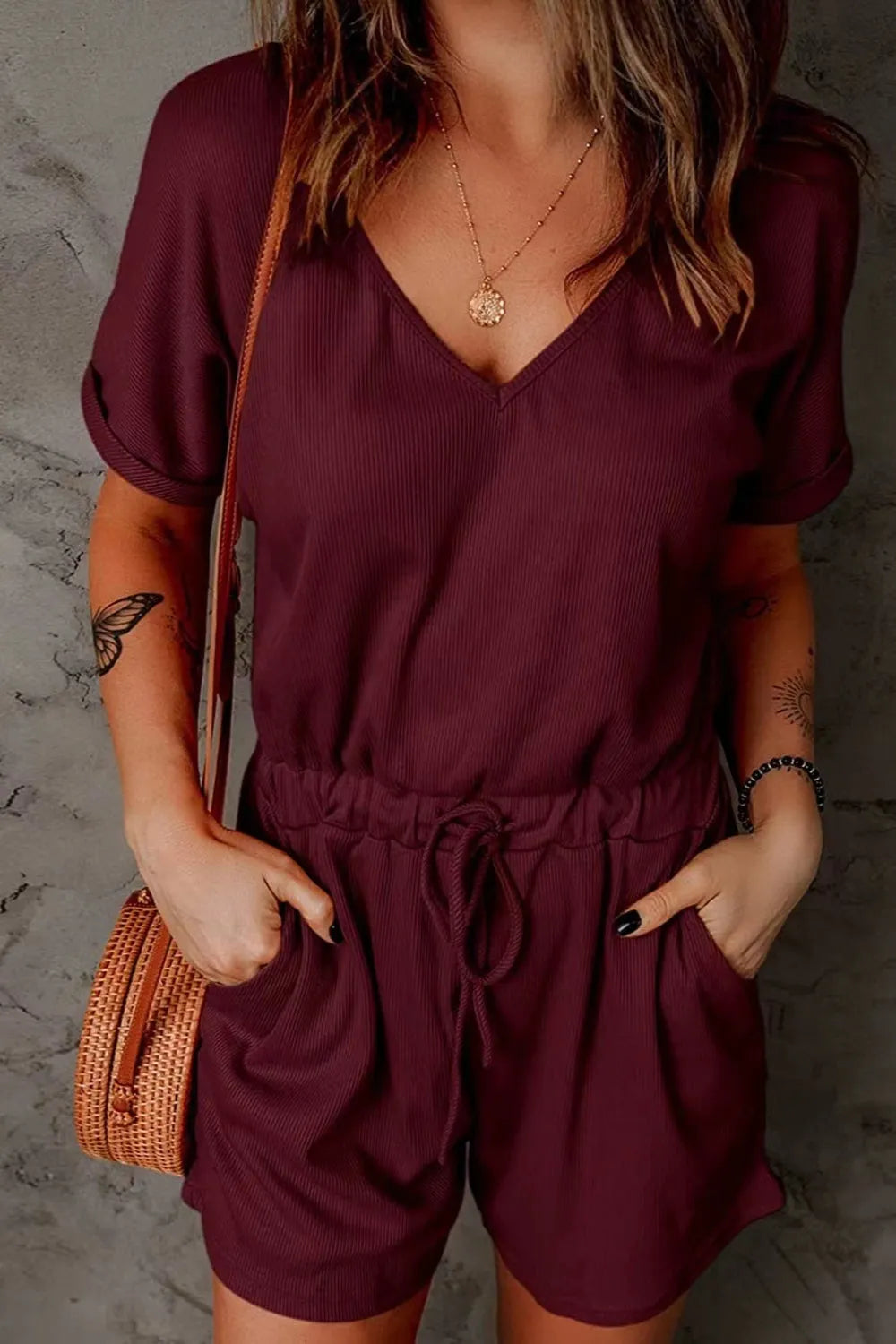 V-Neck Short Sleeve Romper.