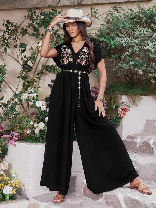 Embroidered Ruched Short Sleeve Jumpsuit - CHIC TB