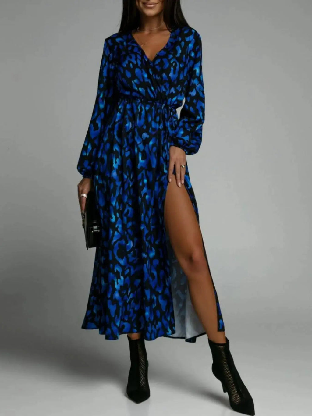 Printed Surplice Long Sleeve Midi Dress.