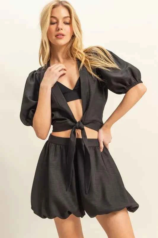Front Tie Top and Bubble Hem Shorts