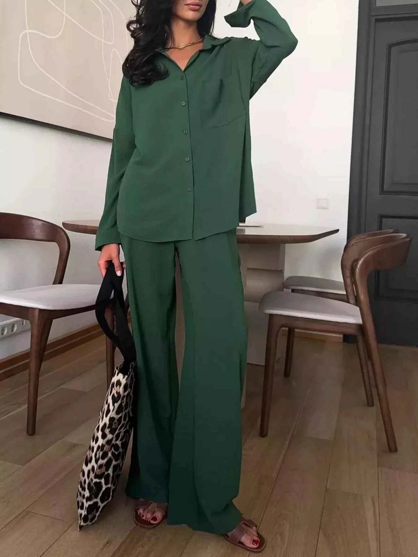 Button Up Long Sleeve Shirt and Pants Set