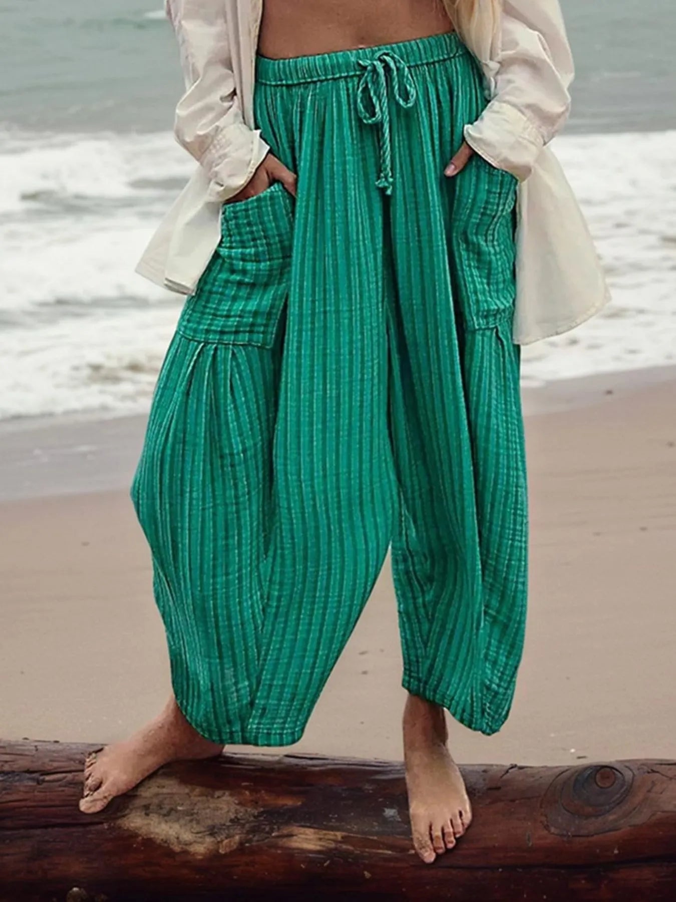 Full Size Striped Wide Leg Casual Pants Plus Size.
