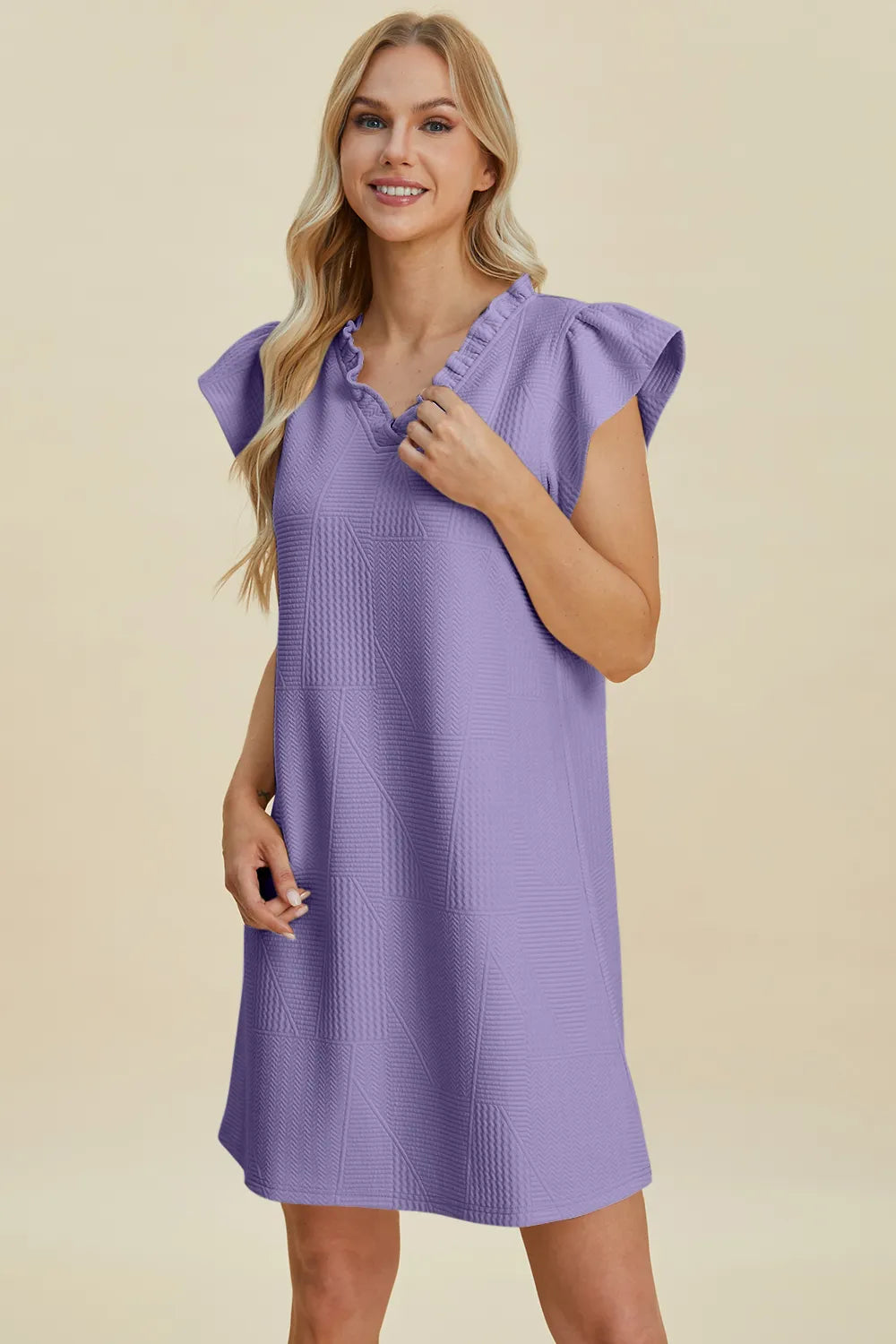 Double Take Full Size Ruffled V-Neck Cap women Sleeve Dress.