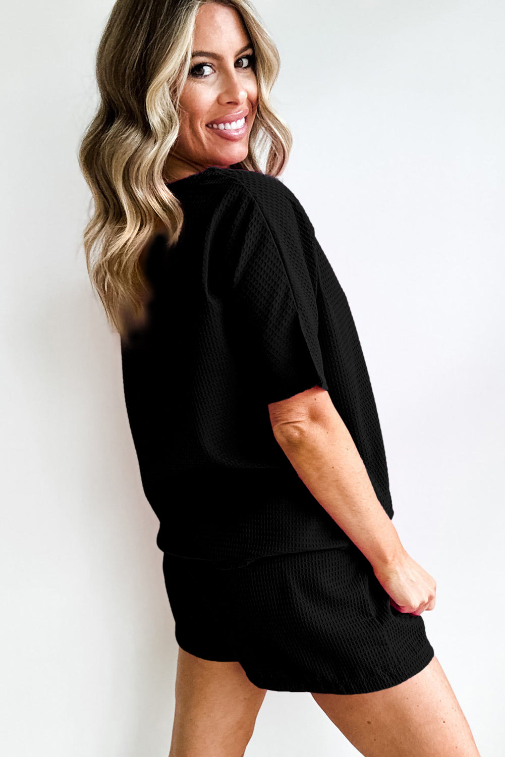 Black Casual Textured Tee and Drawstring Shorts Set Dear-Lover Dropshipping