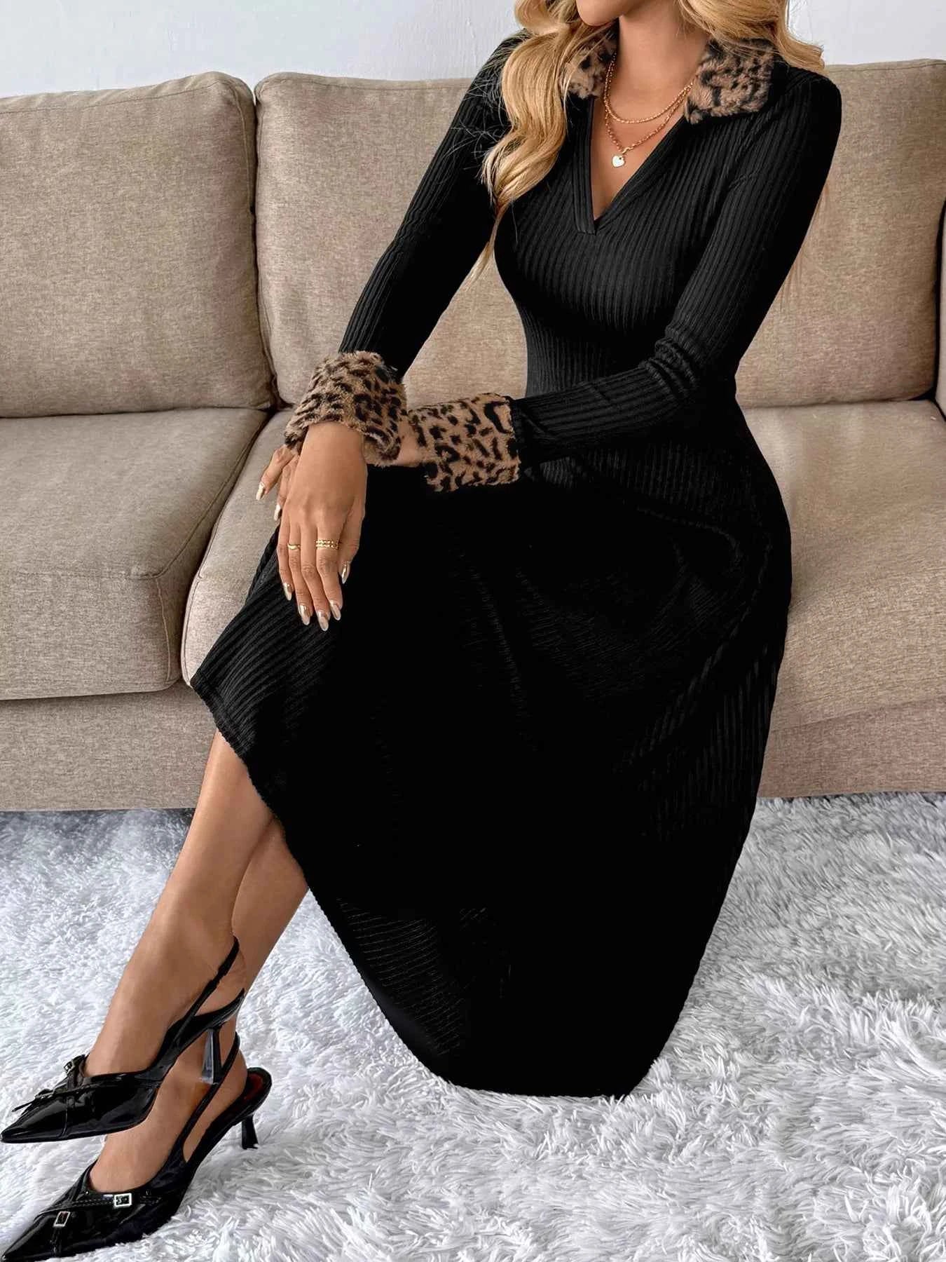 Leopard Cuff Johnny Collar Midi Dress.