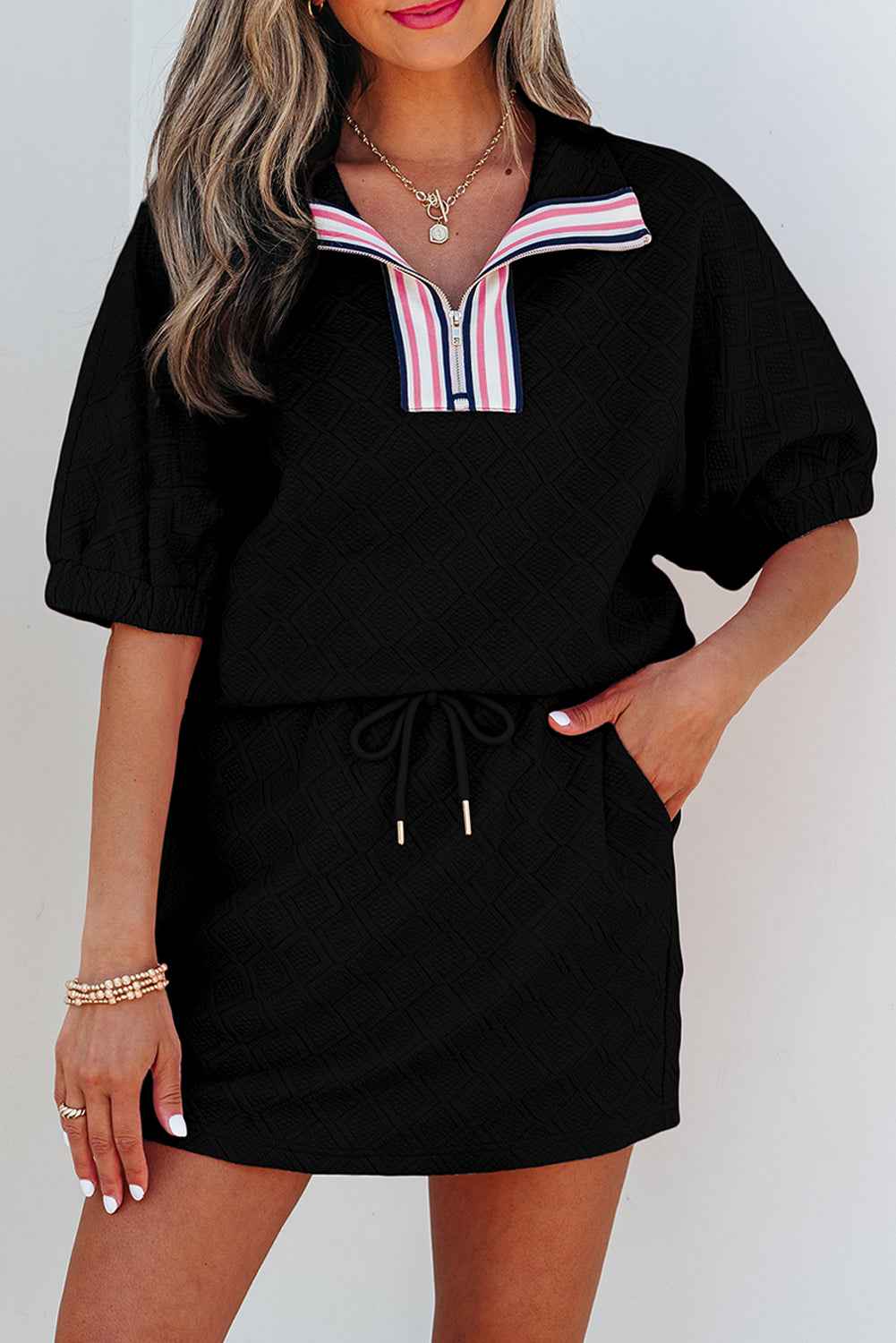 Color black Striped Collared Zip up Textured Skirt Set