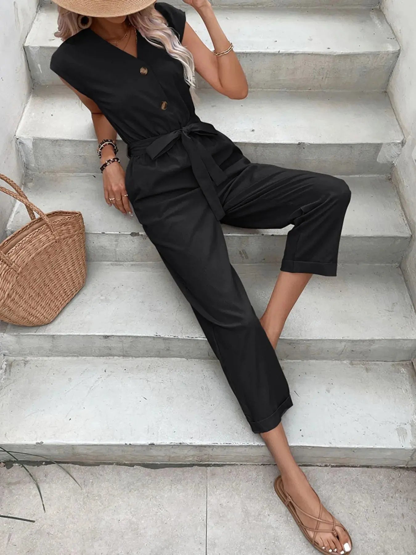 Button-Front Tie Waist Jumpsuit.
