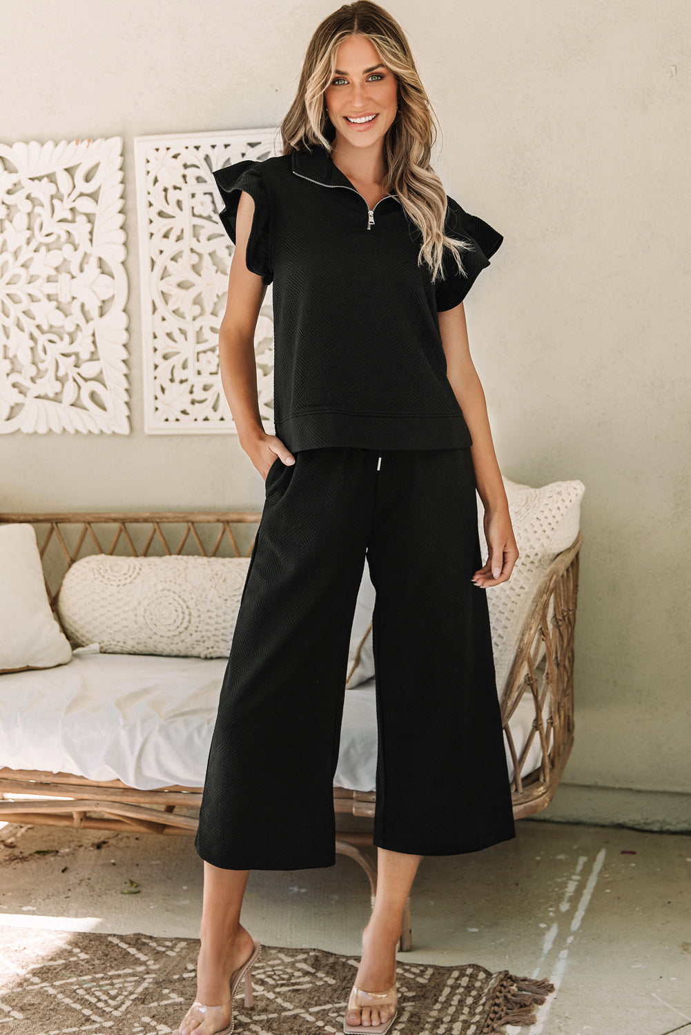 Black Textured Flutter Sleeve Top Wide Leg Pants Set Dear-Lover Dropshipping