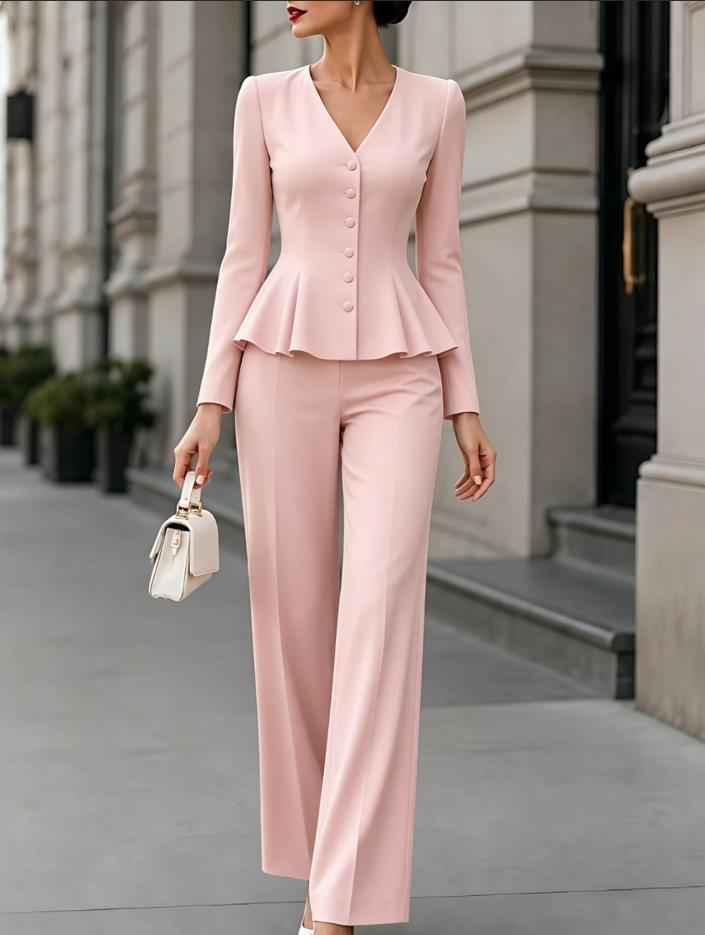Fitted-waist Top And Straight-leg Slim-fit Trousers Solid-color Professional Suit
