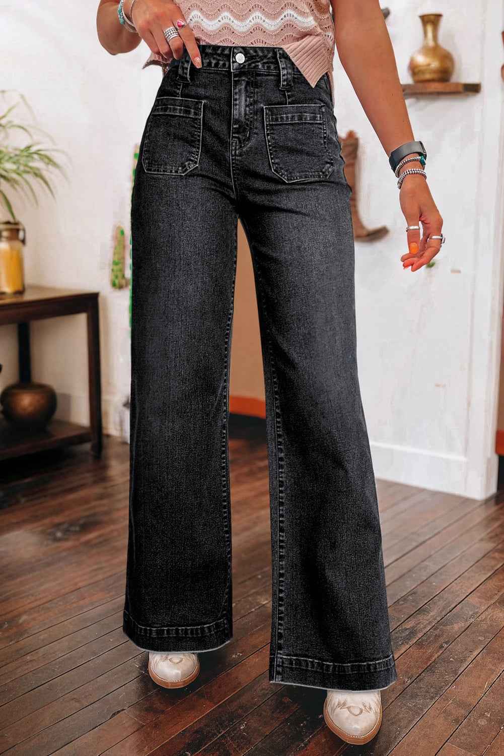 Black Wide Leg Pocketed High Waist Jeans