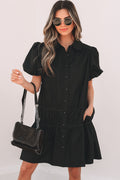Black Shirt Style Button Down Puff Sleeve Ruffle Hem Dress Dear-Lover Dropshipping