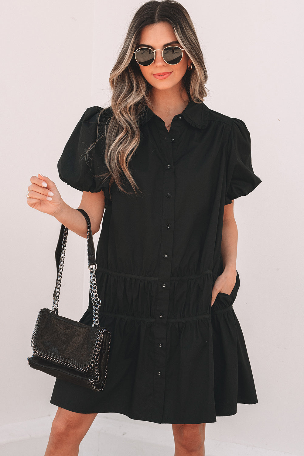 Black Shirt Style Button Down Puff Sleeve Ruffle Hem Dress Dear-Lover Dropshipping