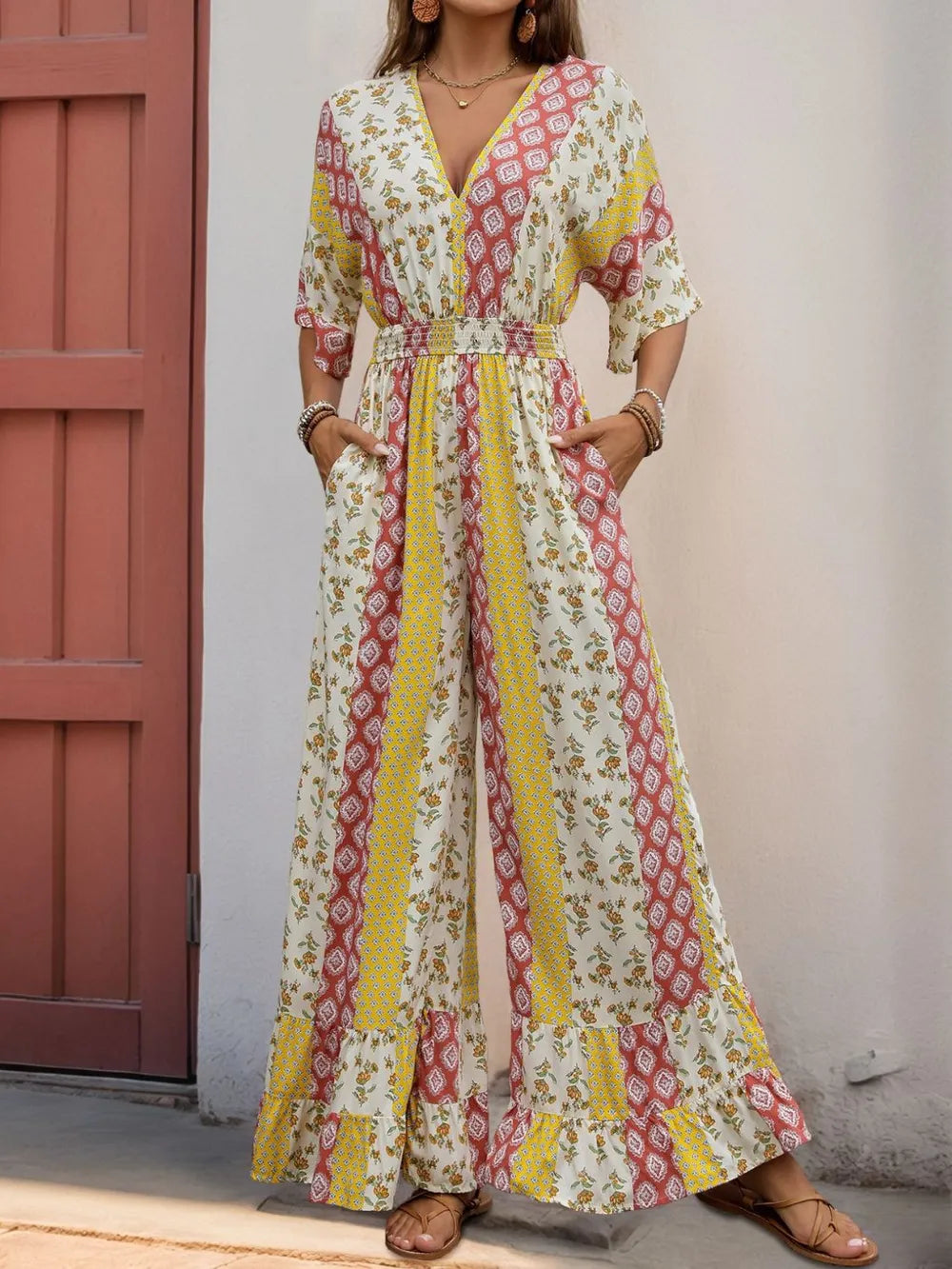 Perfee Ruffled Hem Printed V-Neck Jumpsuit - CHIC TB
