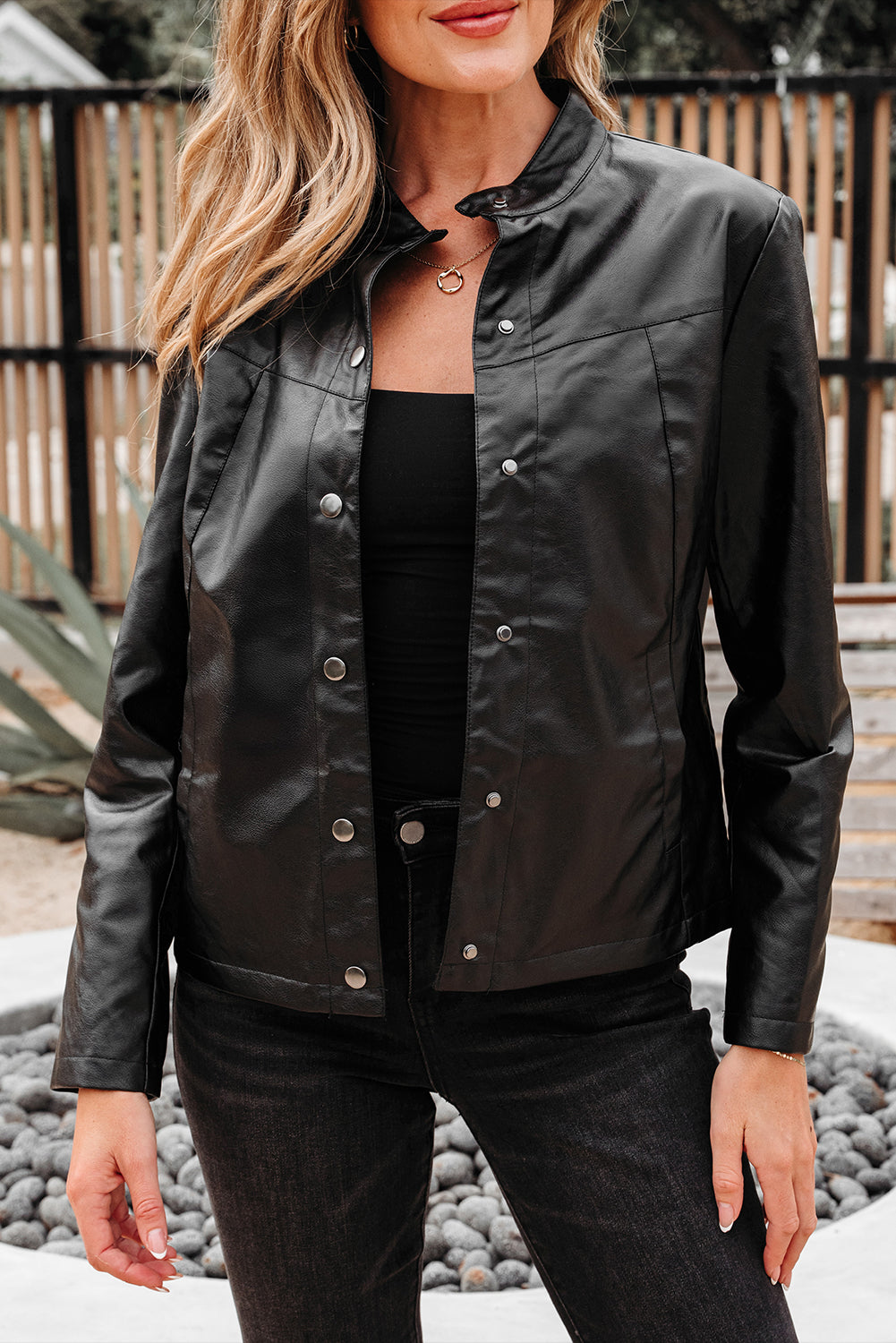 Black Faux Leather Buttoned Front Boxy Jacket Dear-Lover Dropshipping