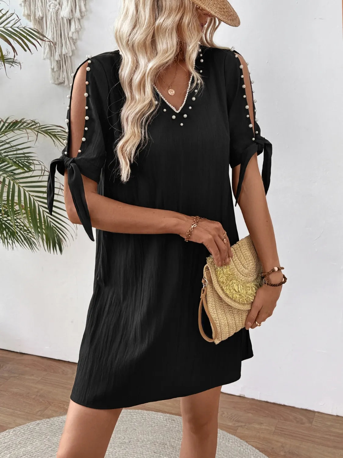 Cutout Pearl Detail V-Neck Mini Dress.