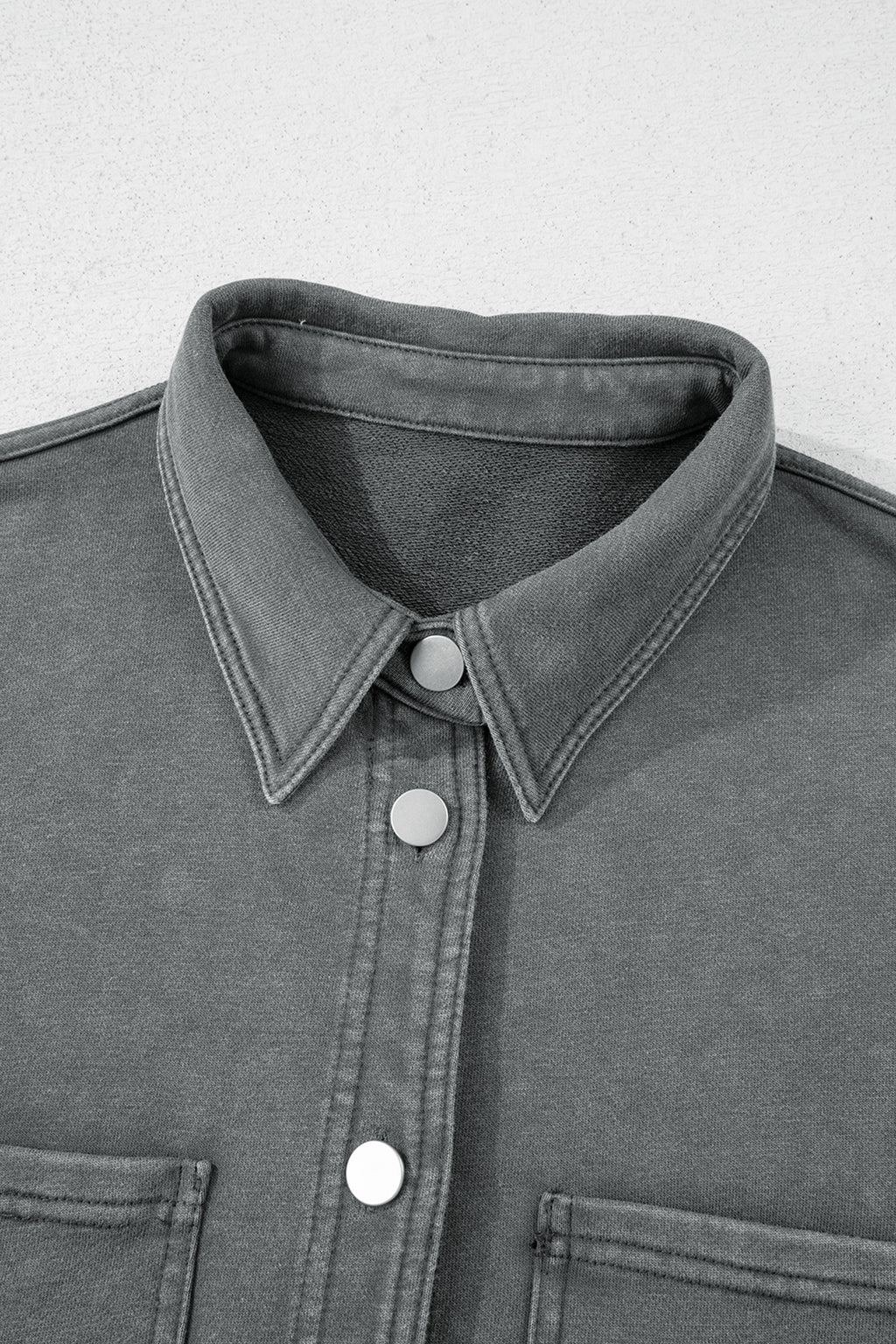 Medium Grey Mineral Wash Chest Pockets Drop Shoulder Shacket with Side Slit