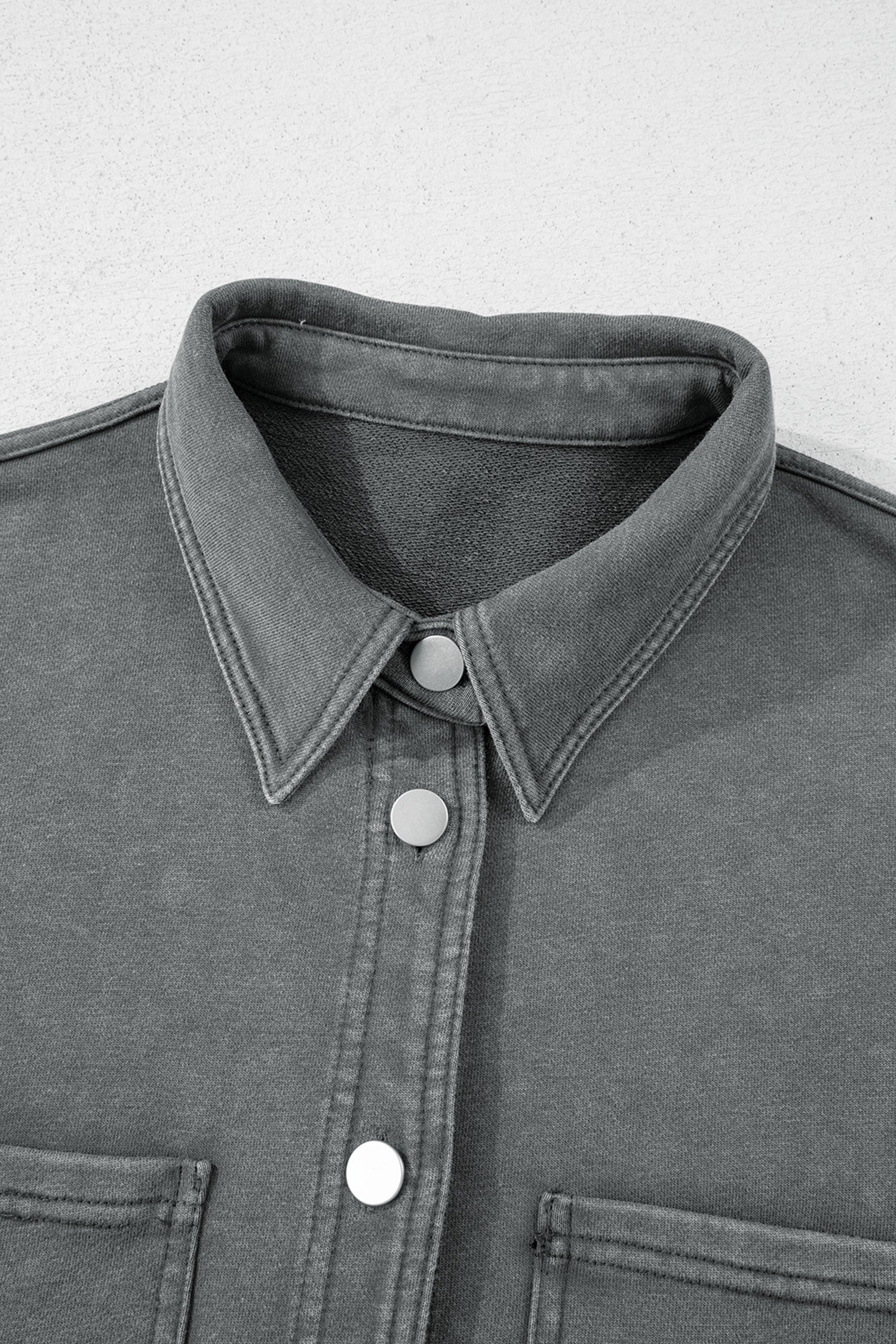 Medium Grey Mineral Wash Chest Pockets Drop Shoulder Shacket with Side Slit