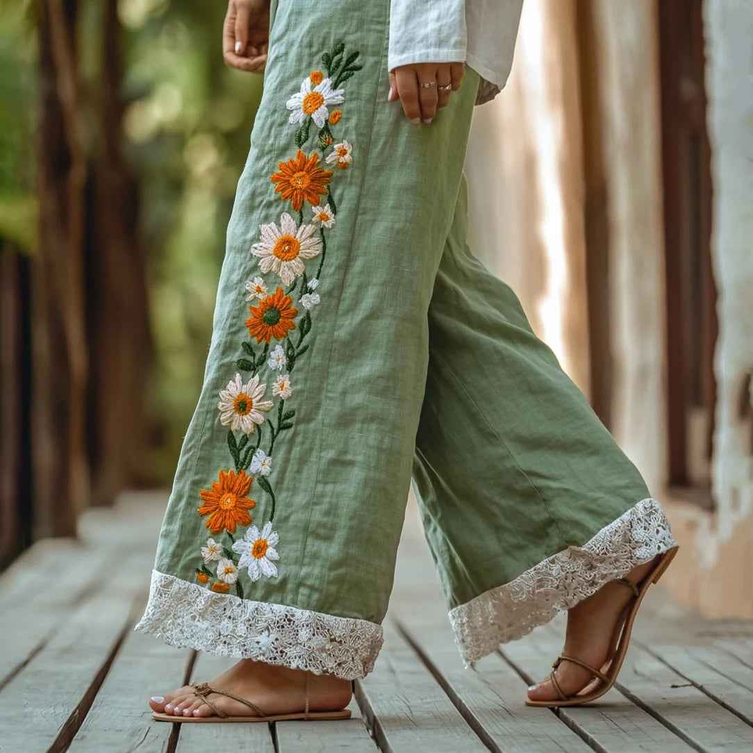 Retro Boho Floral Lace Embroidery Art Cotton Linen Wide Leg Pants