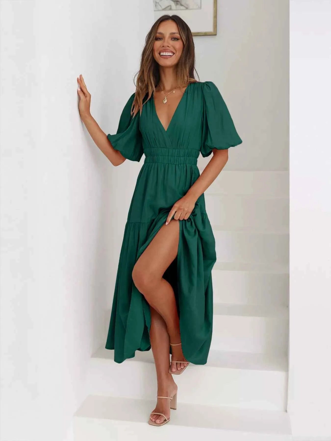Tiered Puff Sleeve Midi Dress