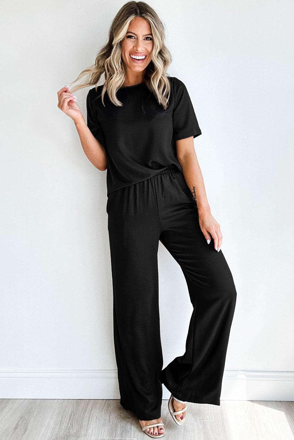 Black Solid Color T Shirt 2pcs Wide Leg Pants Set Dear-Lover Dropshipping