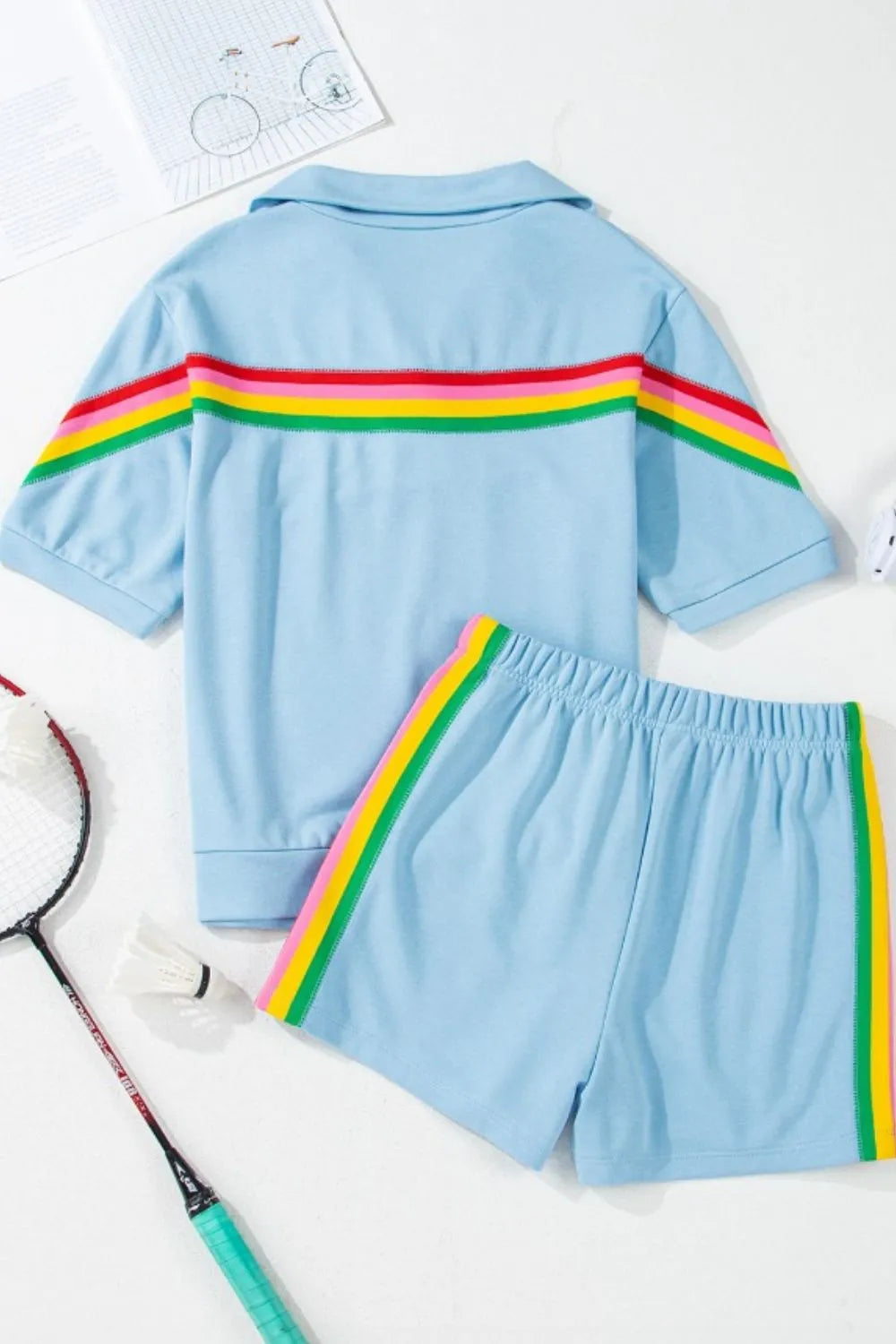 Rainbow Collared Short Sleeve Top and Shorts Set.