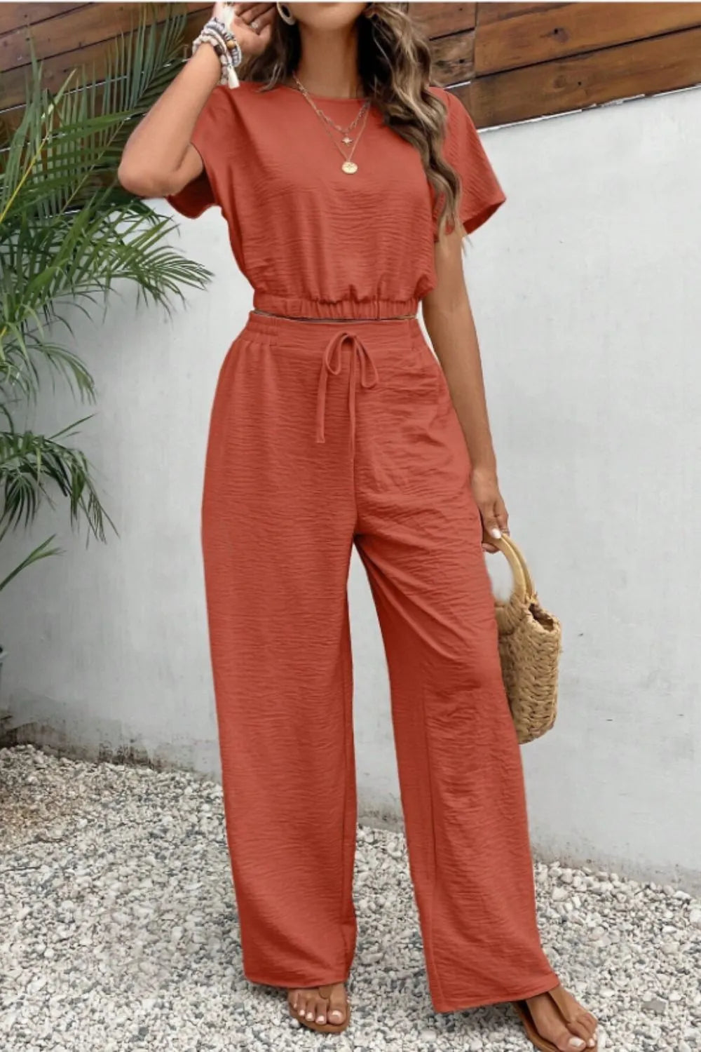Round Neck Short Sleeve Top and Pants Set - CHIC TB