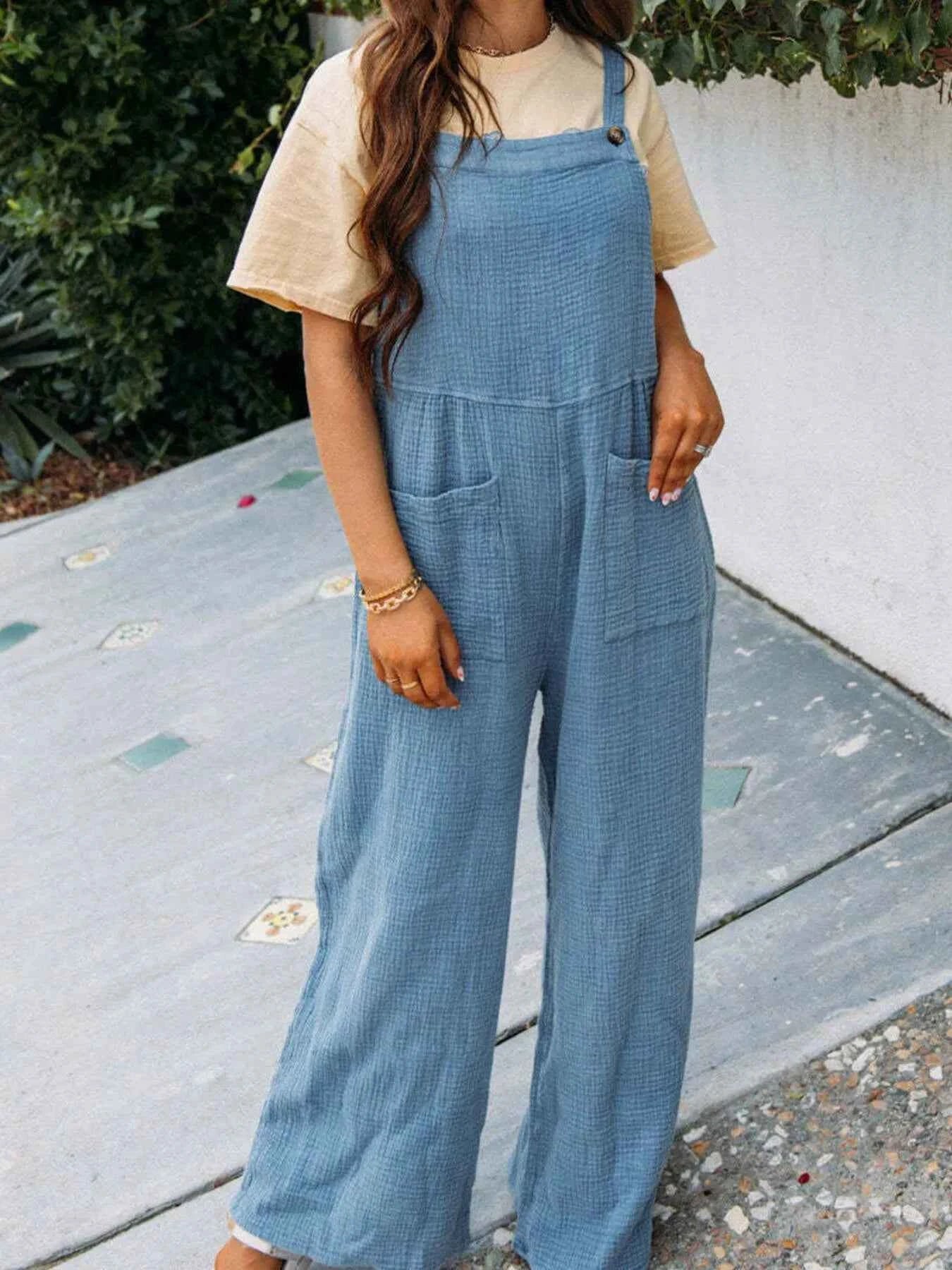 Full Size Casual Wide Leg Textured Overalls Plus Size