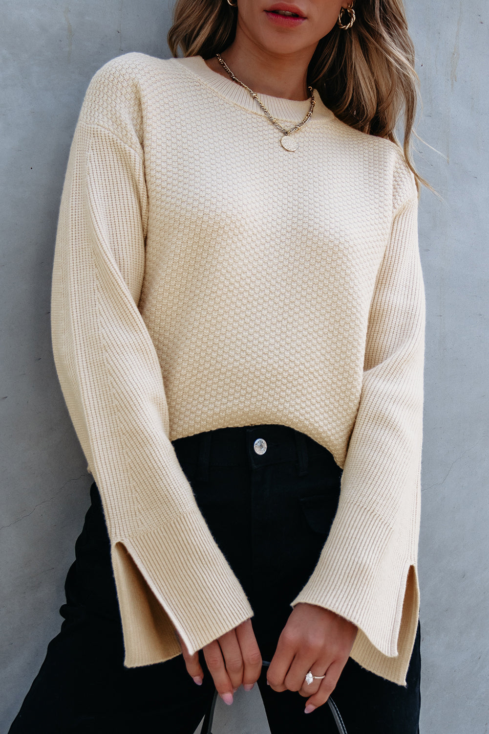 Parchment Solid Textured Knit Split Cuff Drop Shoulder Loose Sweater Dear-Lover Dropshipping